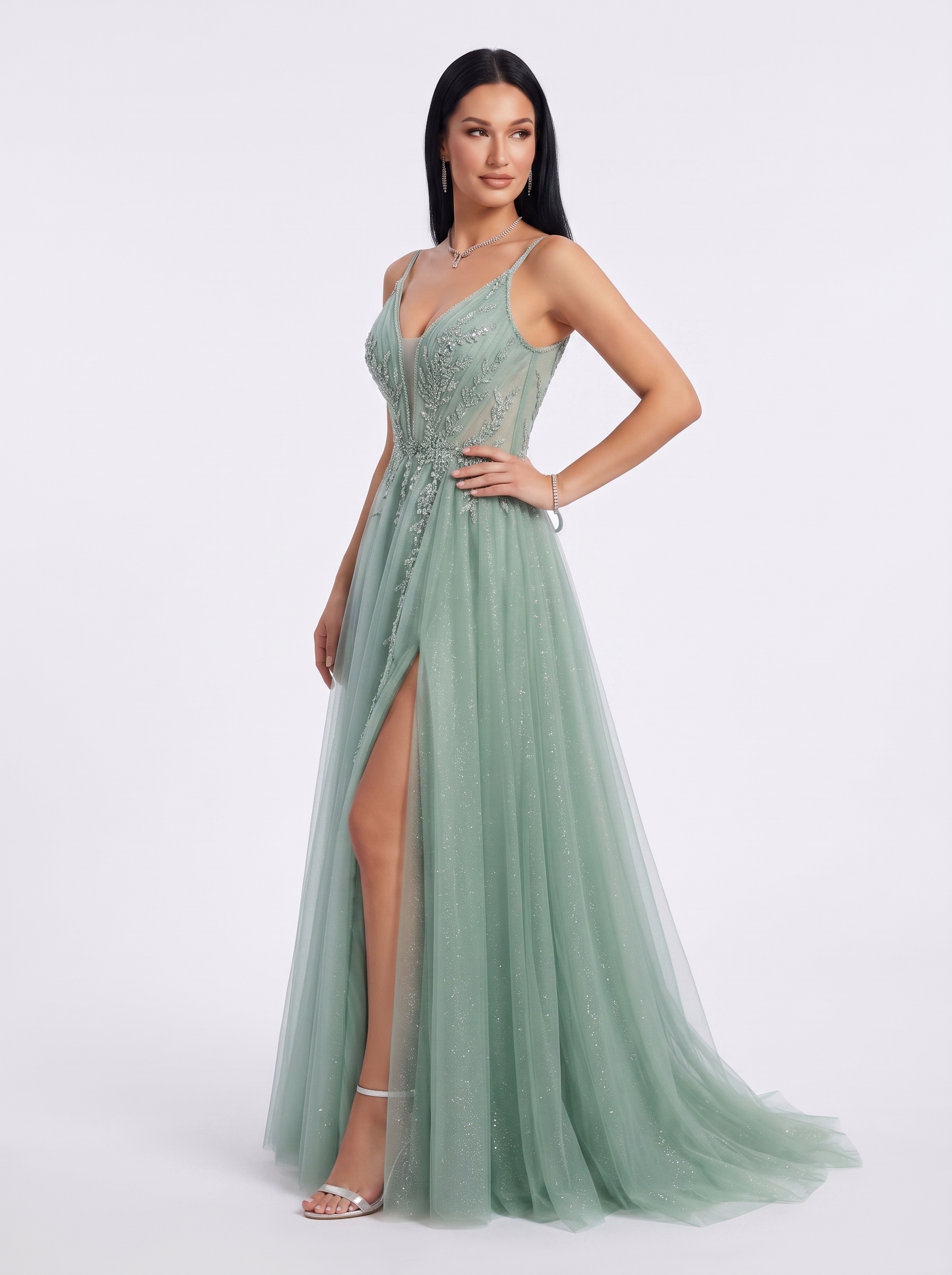 SPU - 608S20LF004 Sage Green Lace A‑Line Tulle Prom Dress