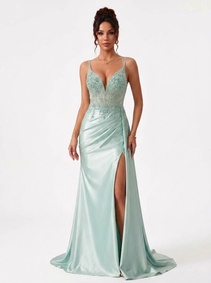 SPU - 608S20LF028 Sage Spaghetti Strap Slit Evening Dress 