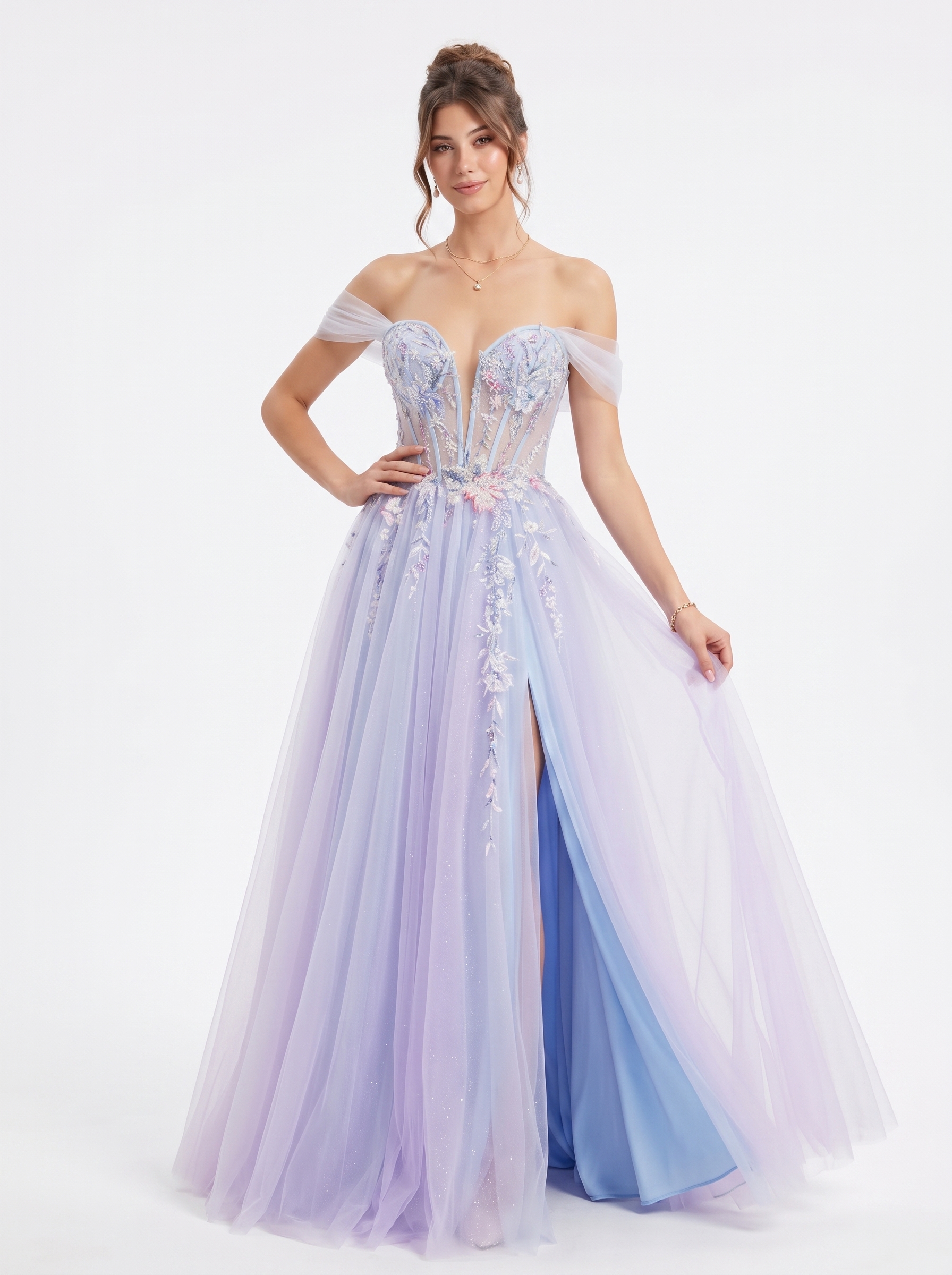 SPU - 608S20LF015 Lavender Floral Off‑Shoulder Tulle Gown