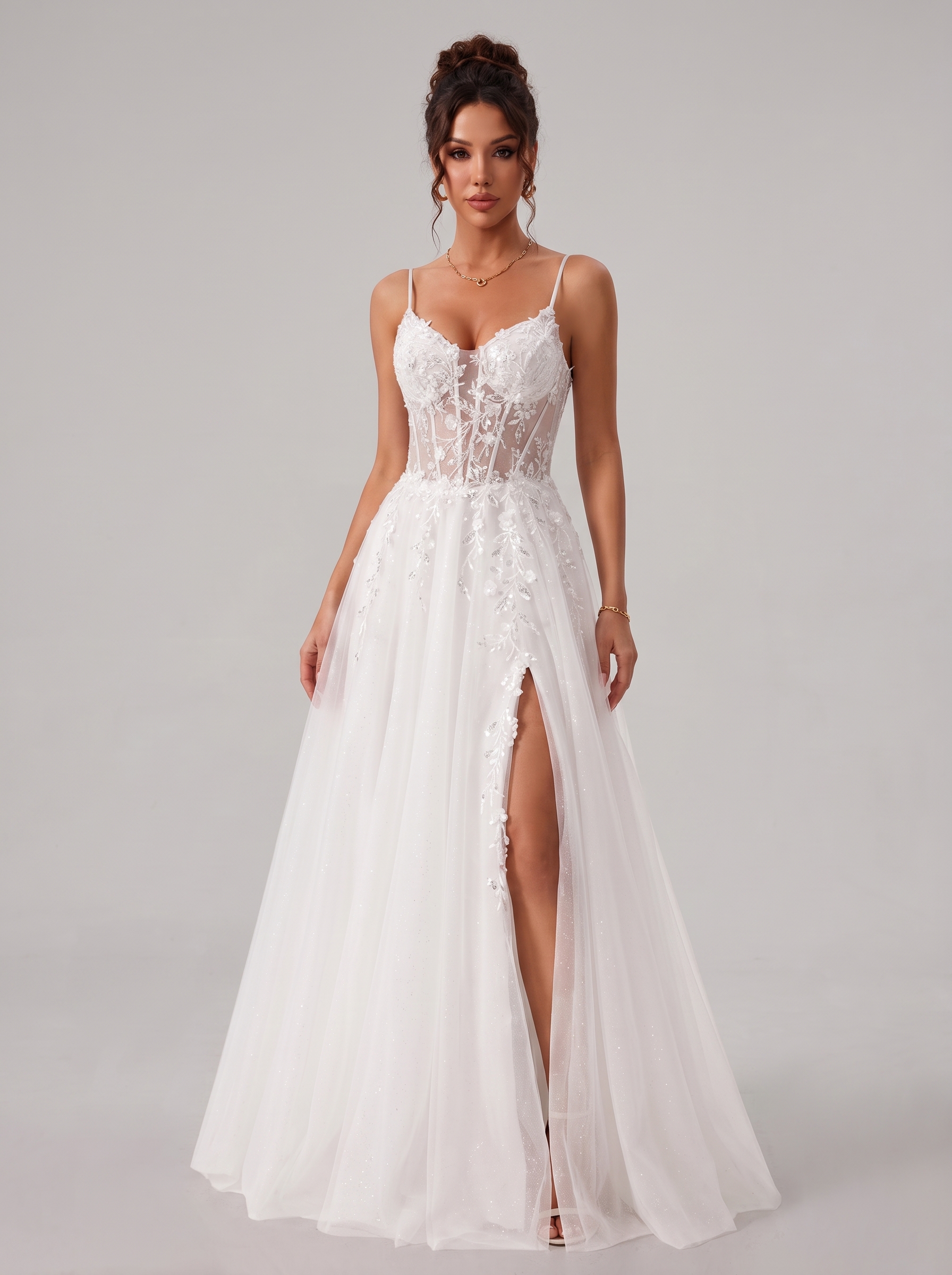 SPU - 608S20LF017 White Lace Spaghetti Strap A‑Line Wedding Gown