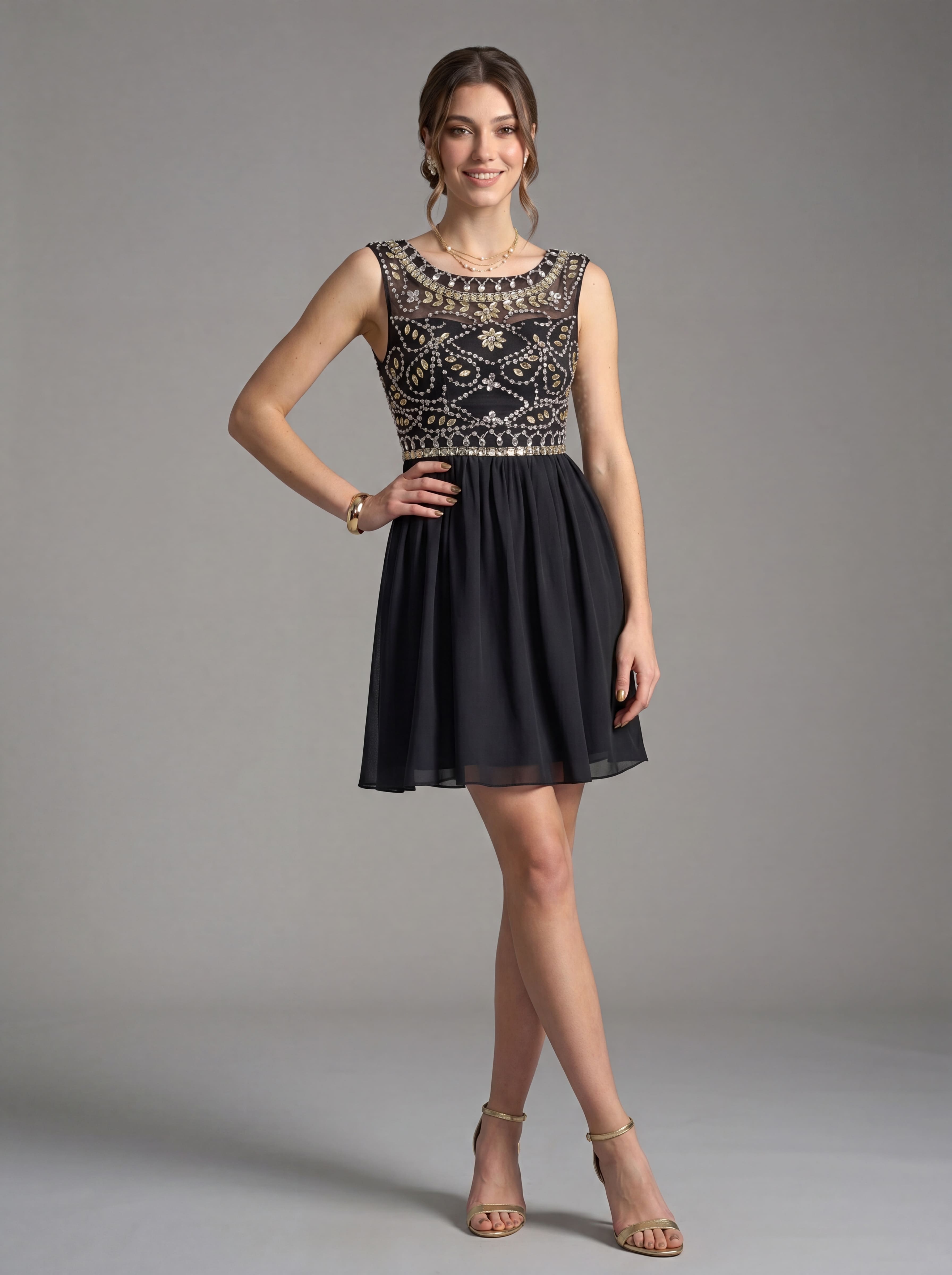 Short Beaded Homecoming Dress - Illusion Sleeveless Embellished A-Line Chiffon Cocktail Party Gown for Graduation & Prom