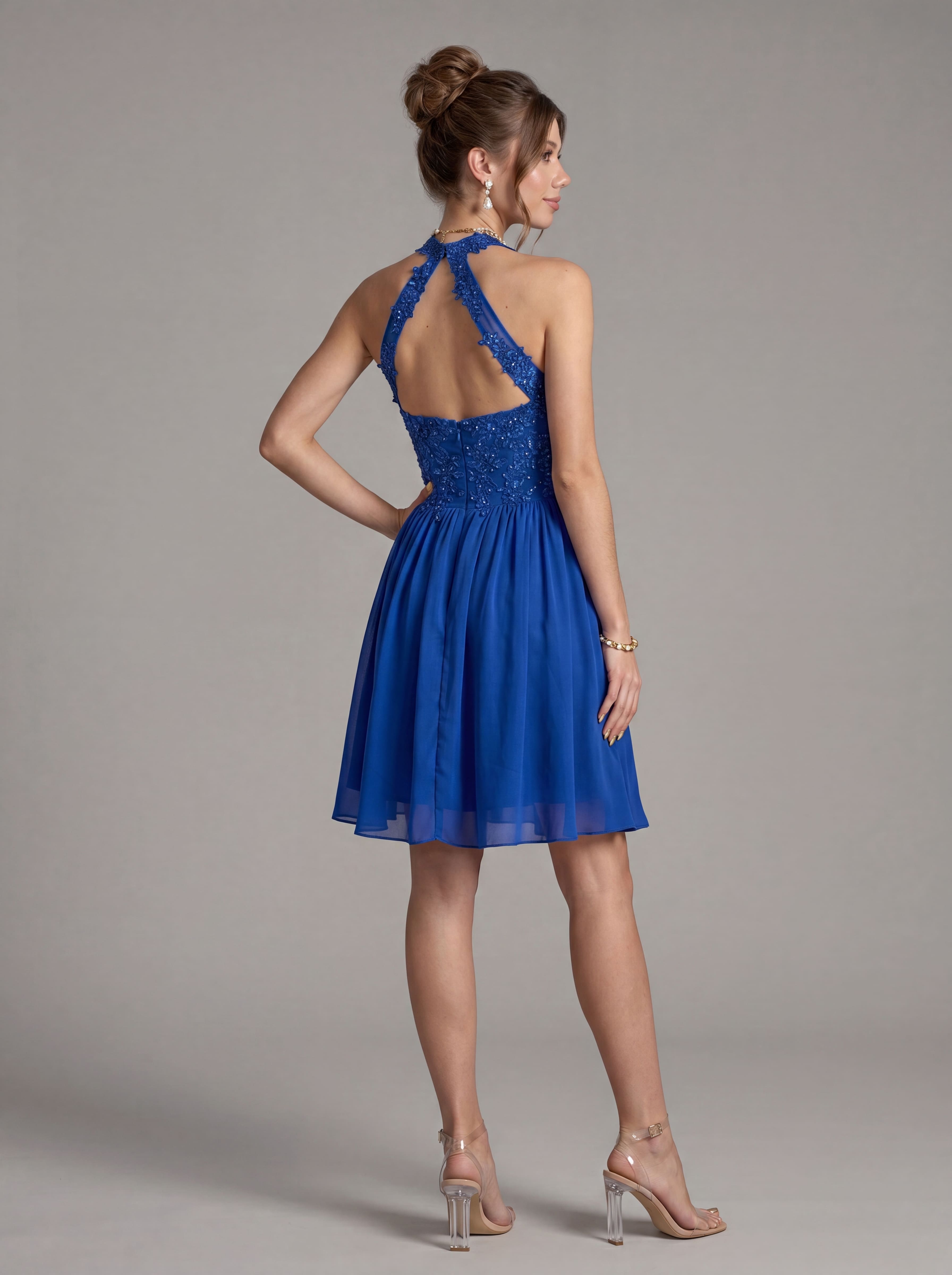 Elegant Short Halter Homecoming Dress - Illusion Lace Embroidered A-Line Chiffon Cocktail Party Gown for Prom & Graduation