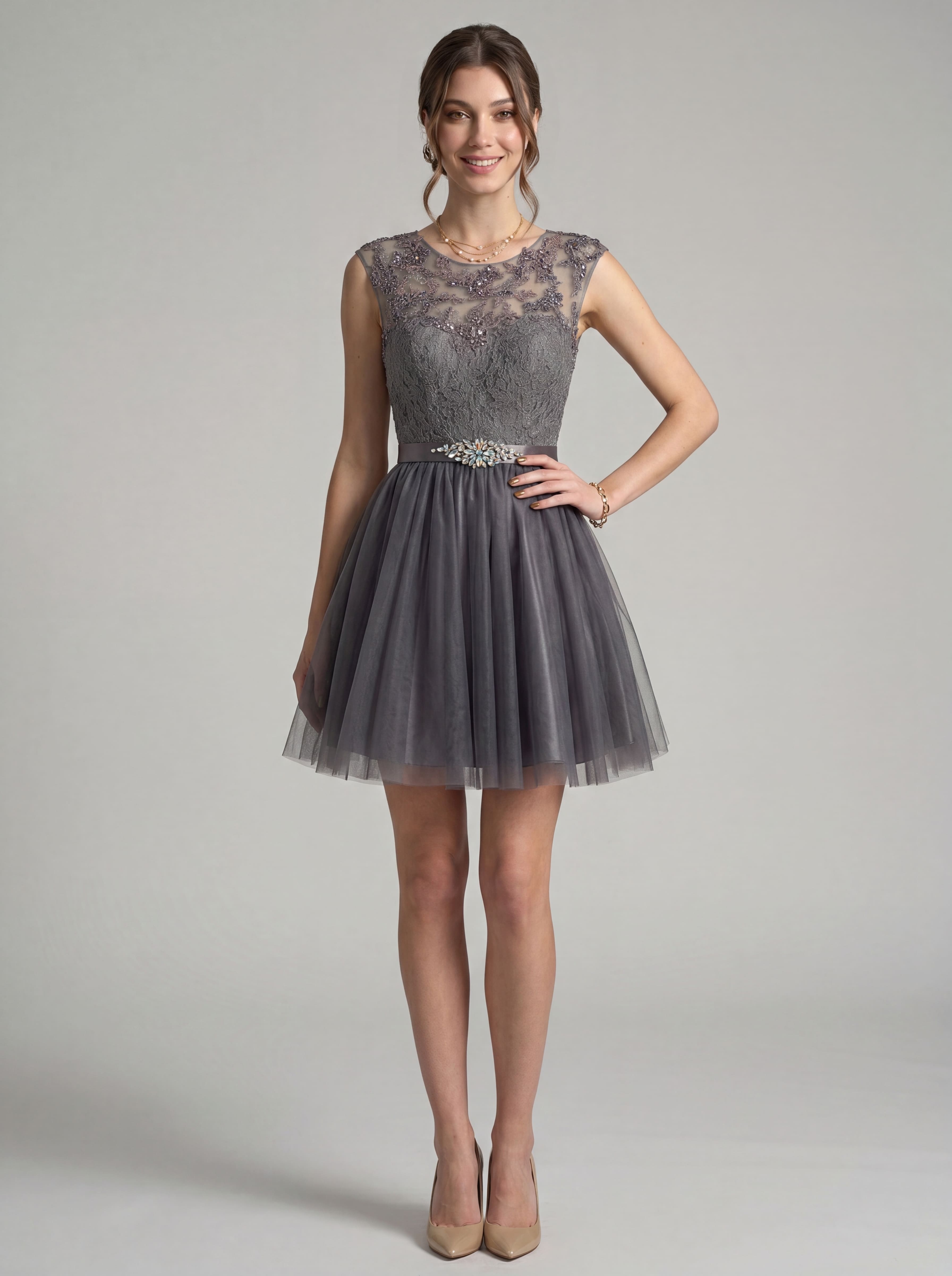Elegant Short Homecoming Dress - Illusion Lace Tulle A-Line Cocktail Gown with Rhinestone Belt for Prom & Graduation