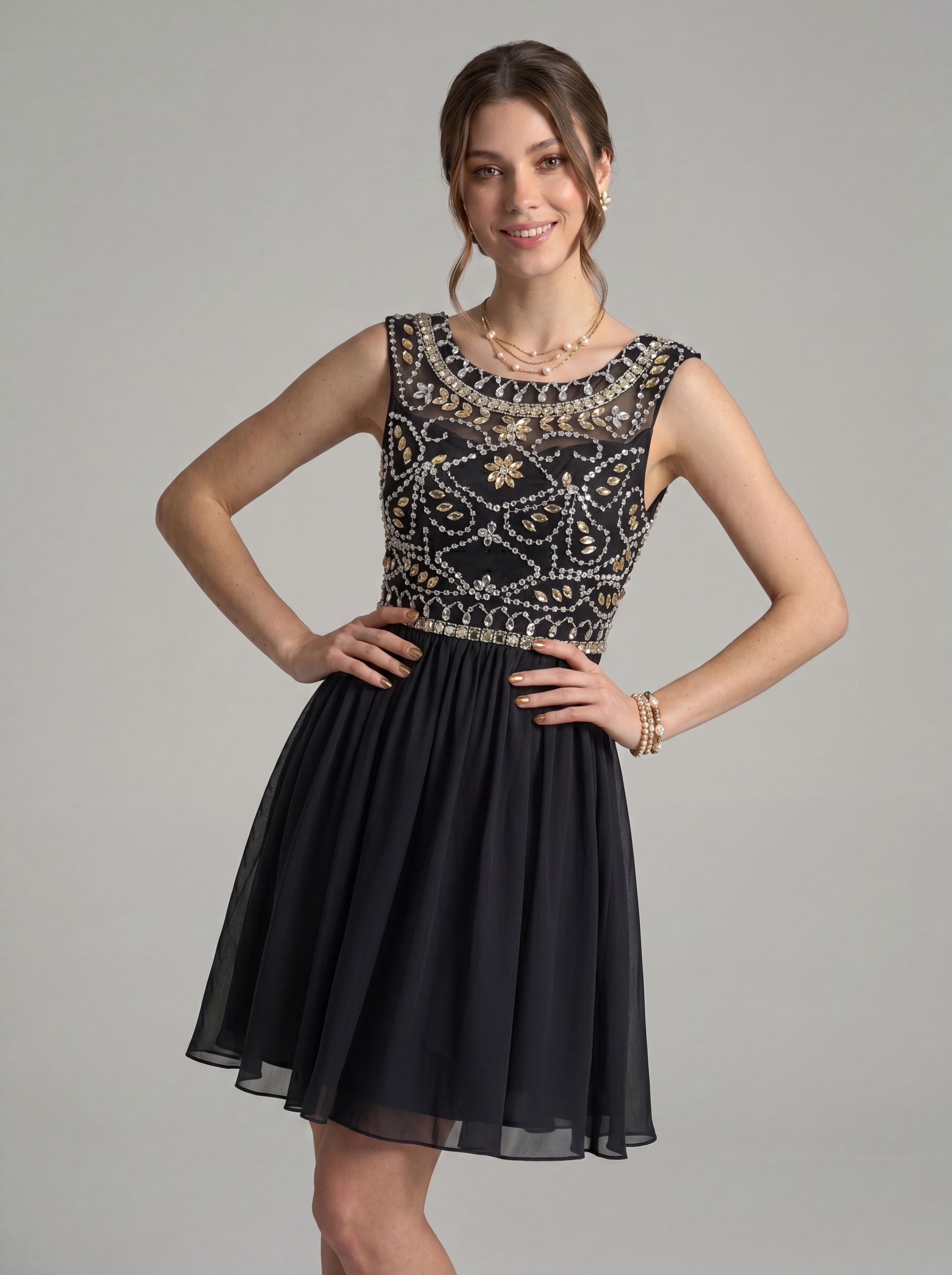 Short Beaded Homecoming Dress - Illusion Sleeveless Embellished A-Line Chiffon Cocktail Party Gown for Graduation & Prom