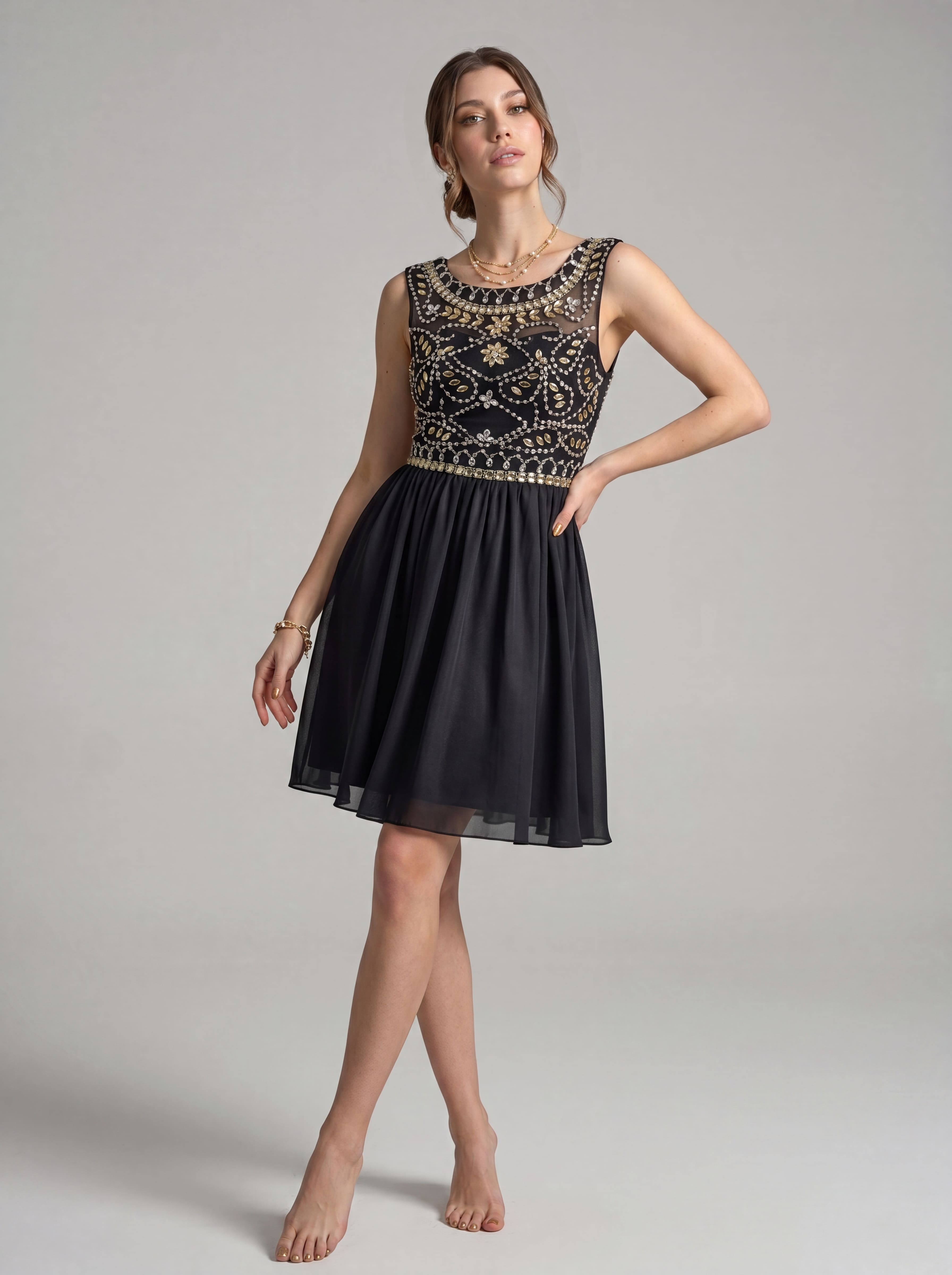 Short Beaded Homecoming Dress - Illusion Sleeveless Embellished A-Line Chiffon Cocktail Party Gown for Graduation & Prom