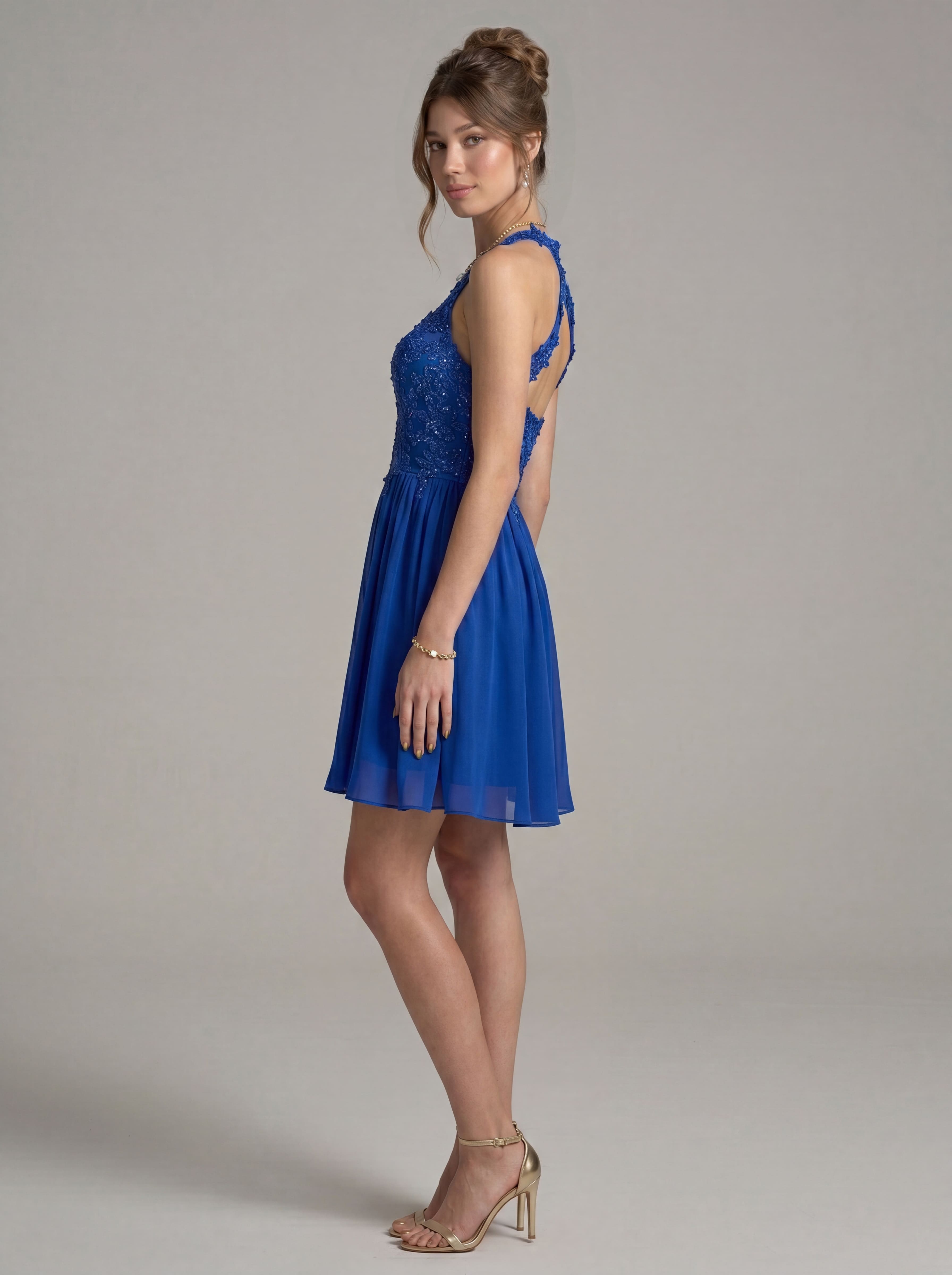 Elegant Short Halter Homecoming Dress - Illusion Lace Embroidered A-Line Chiffon Cocktail Party Gown for Prom & Graduation