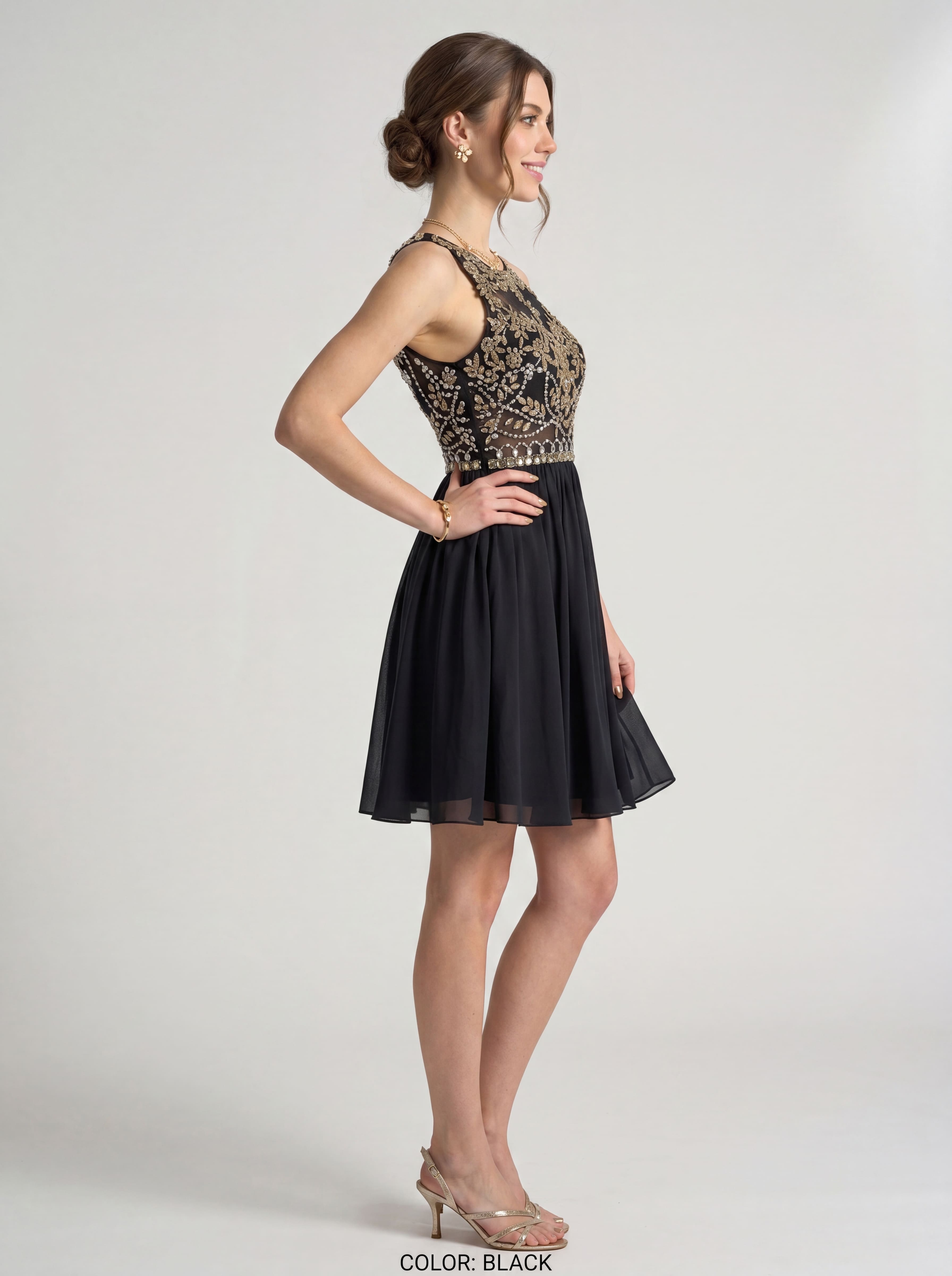 Short Beaded Homecoming Dress - Illusion Sleeveless Embellished A-Line Chiffon Cocktail Party Gown for Graduation & Prom