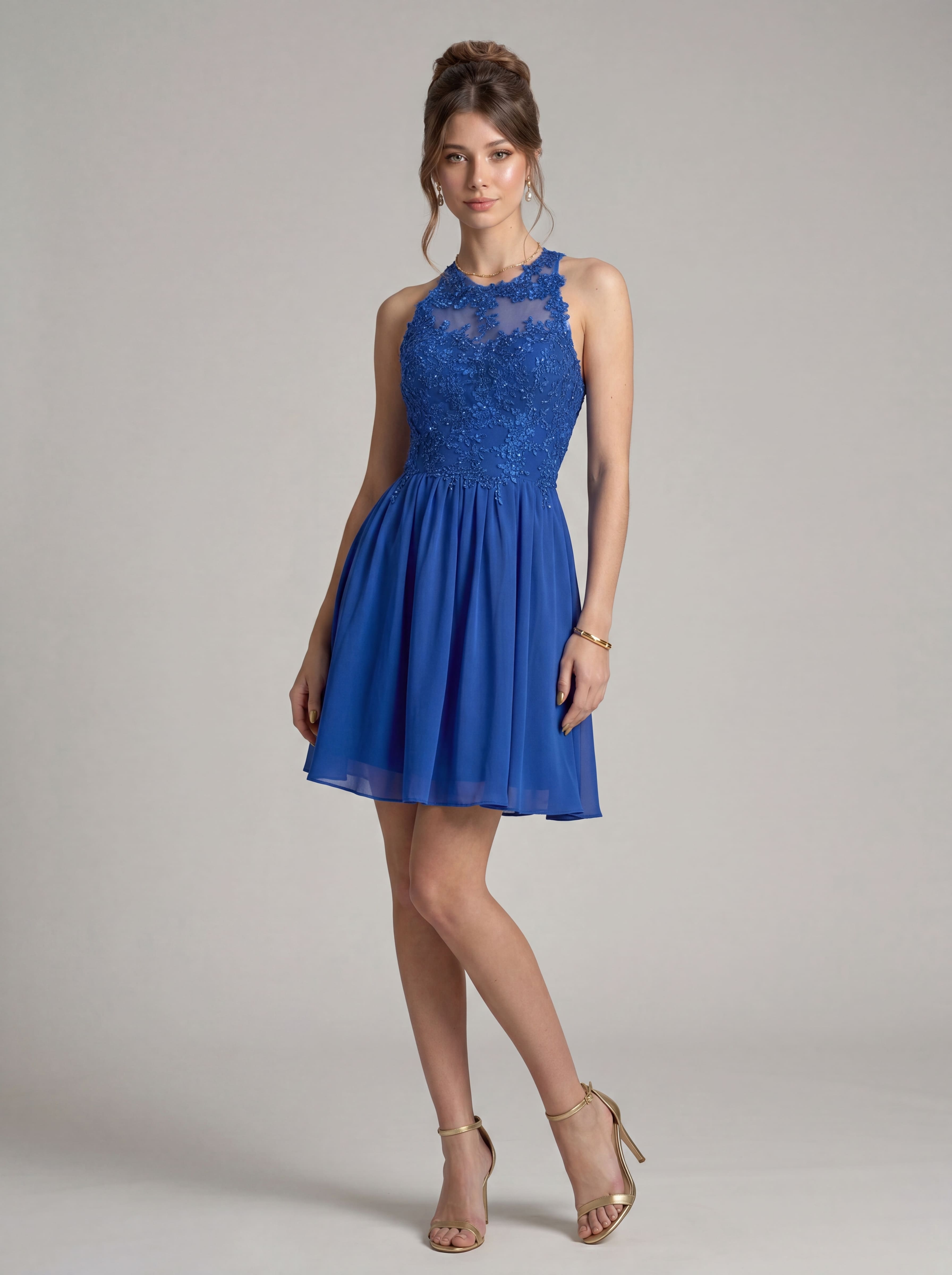Elegant Short Halter Homecoming Dress - Illusion Lace Embroidered A-Line Chiffon Cocktail Party Gown for Prom & Graduation