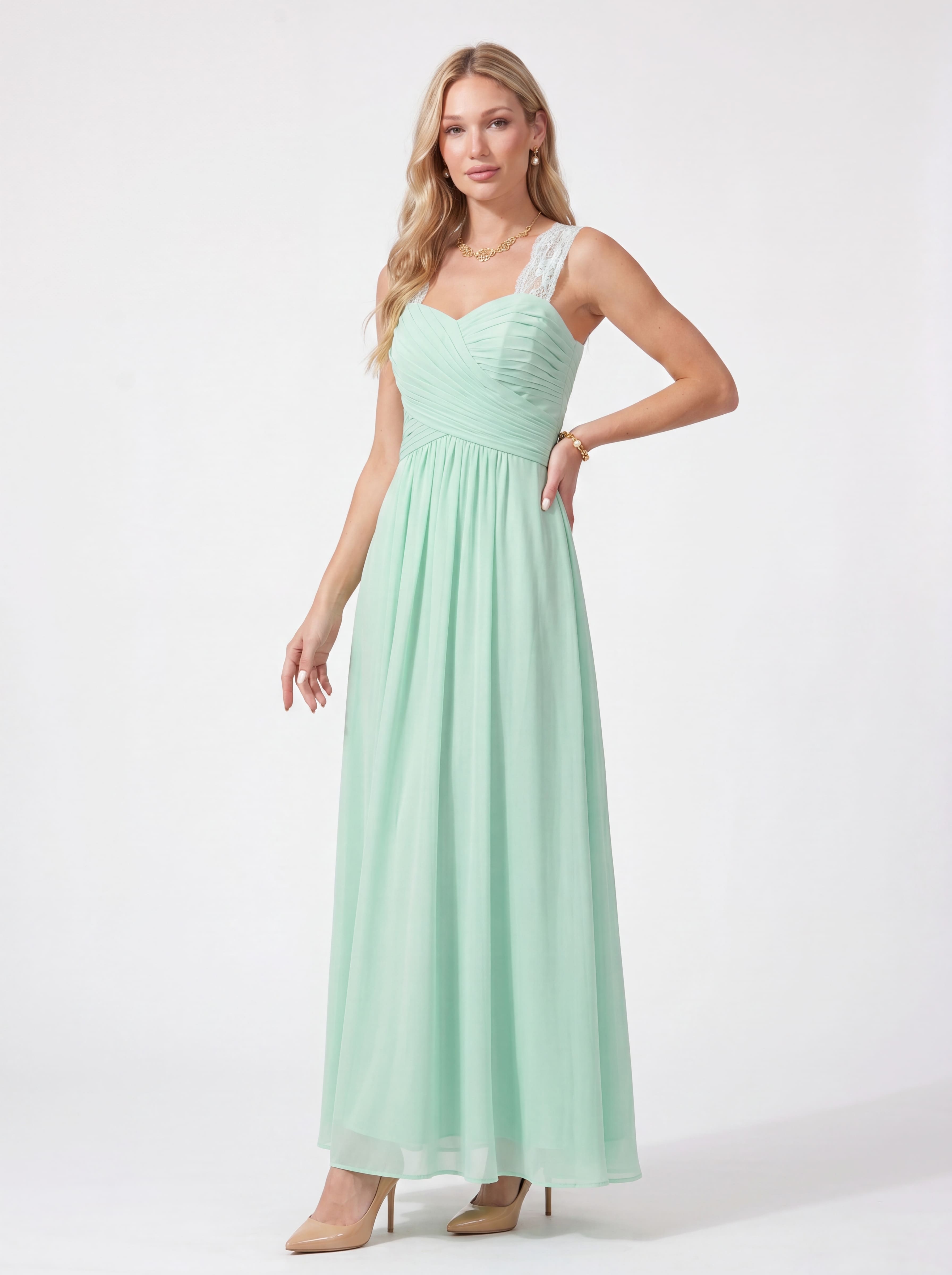Flowing Chiffon Bridesmaid Dress - Lace Strap Ruched Sweetheart Maxi Gown with Empire Waist