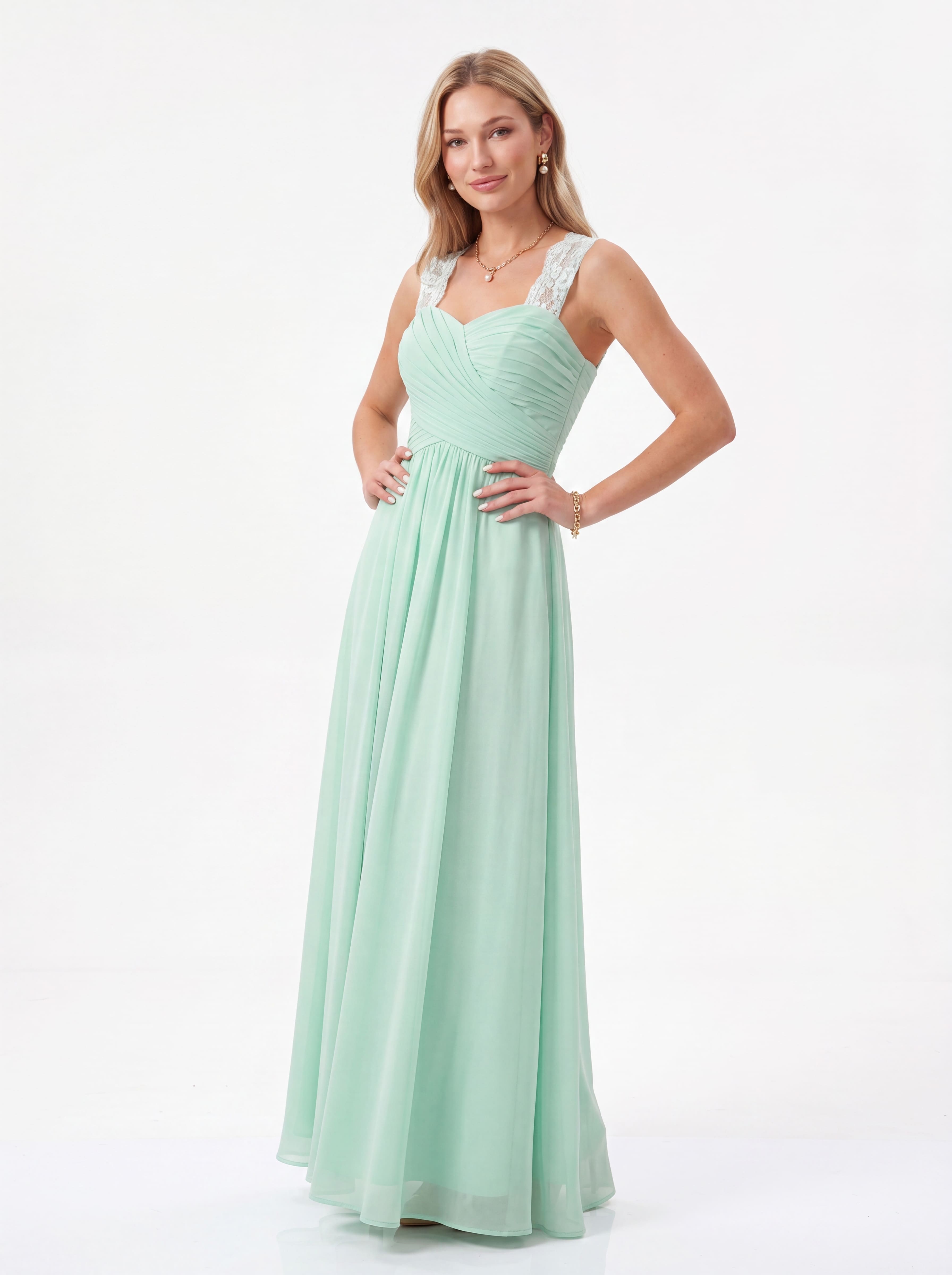 Flowing Chiffon Bridesmaid Dress - Lace Strap Ruched Sweetheart Maxi Gown with Empire Waist