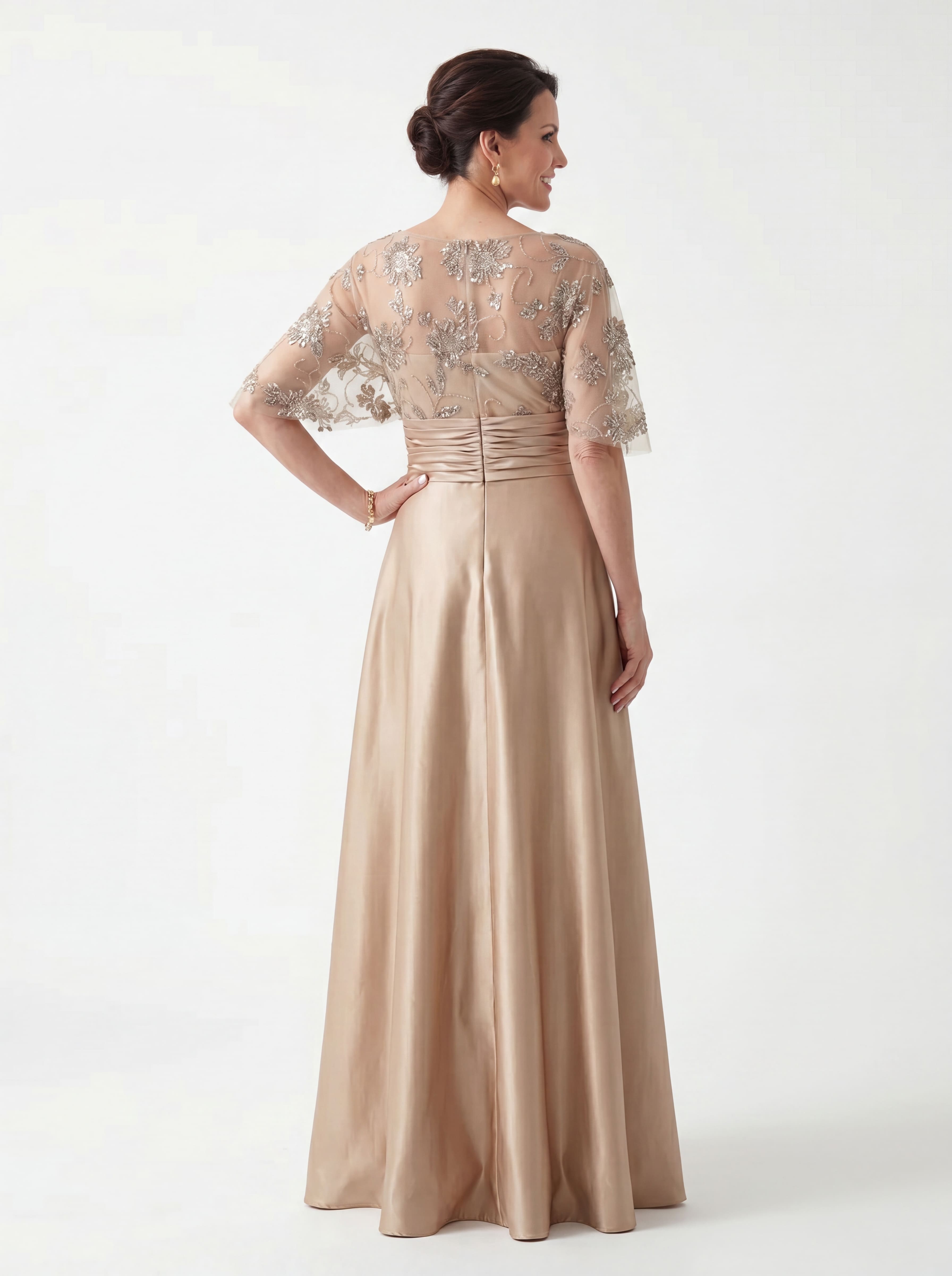 Champagne Floral Beaded Capelet Evening Gown - Ruched Satin A-Line mother of the Bride Dress