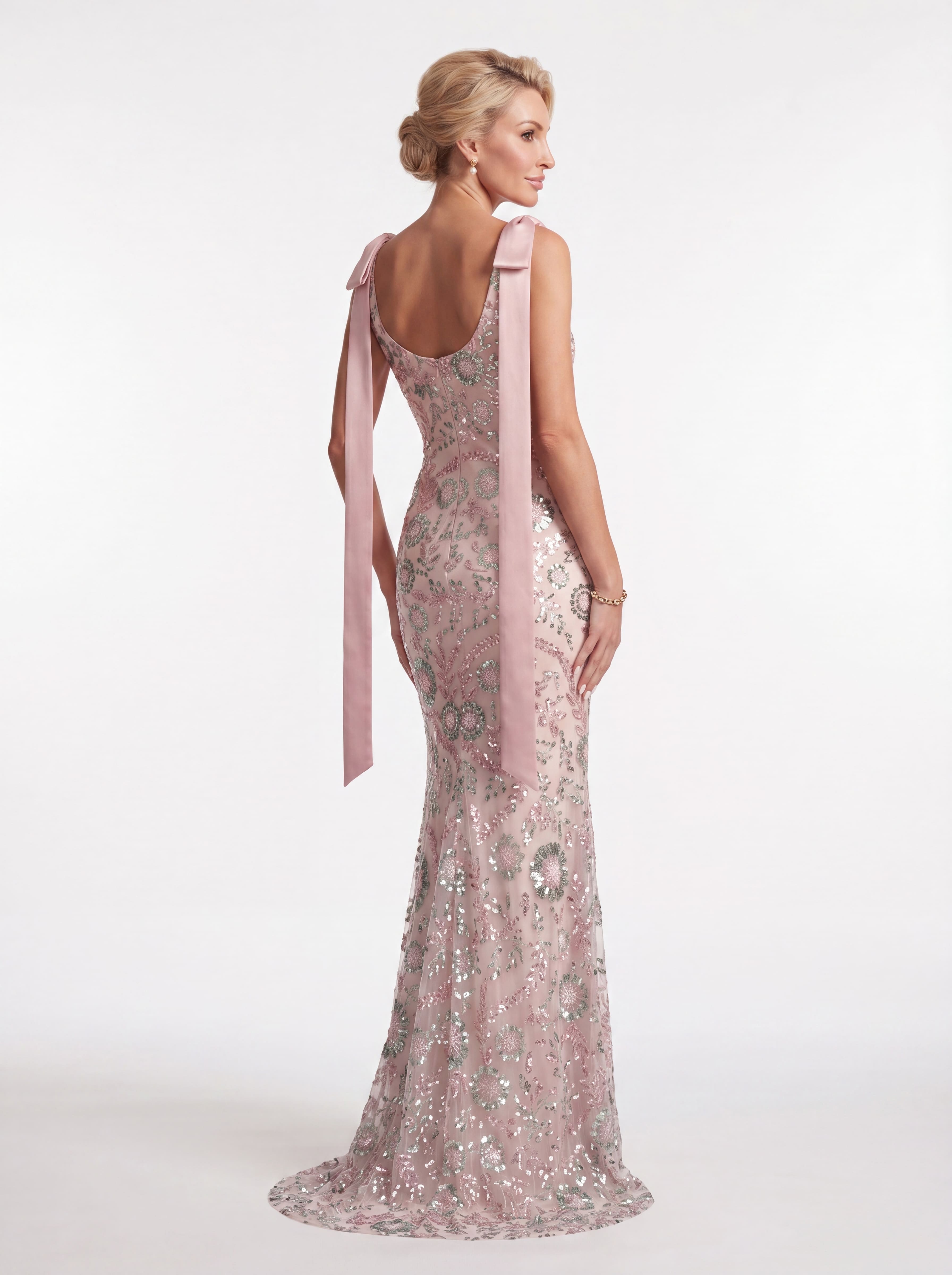 Blush Pink Beaded Floral Mermaid Evening Gown - Boat Neck Mother of the Bride Dress with Satin Shoulder Bows