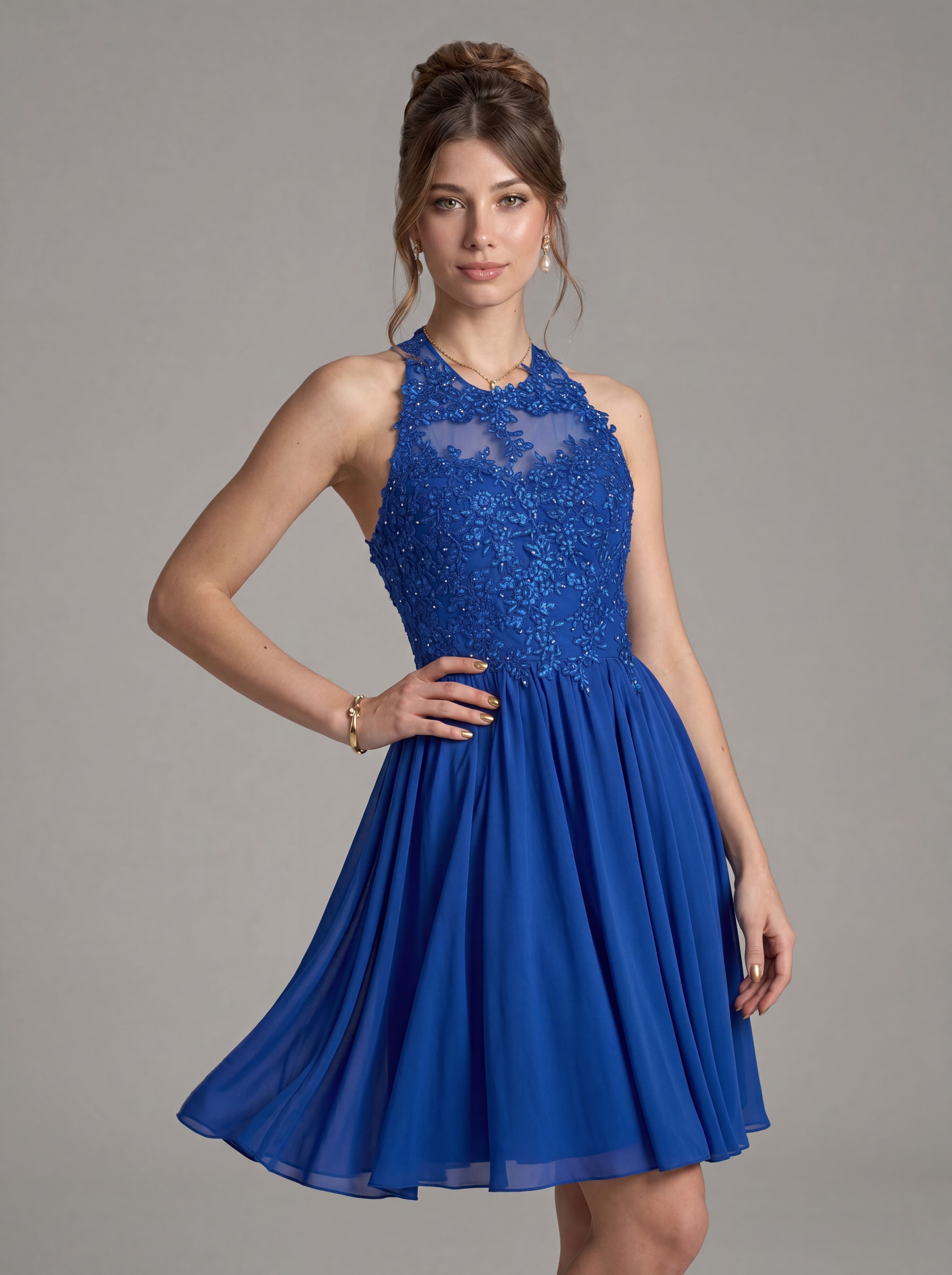 Elegant Short Halter Homecoming Dress - Illusion Lace Embroidered A-Line Chiffon Cocktail Party Gown for Prom & Graduation