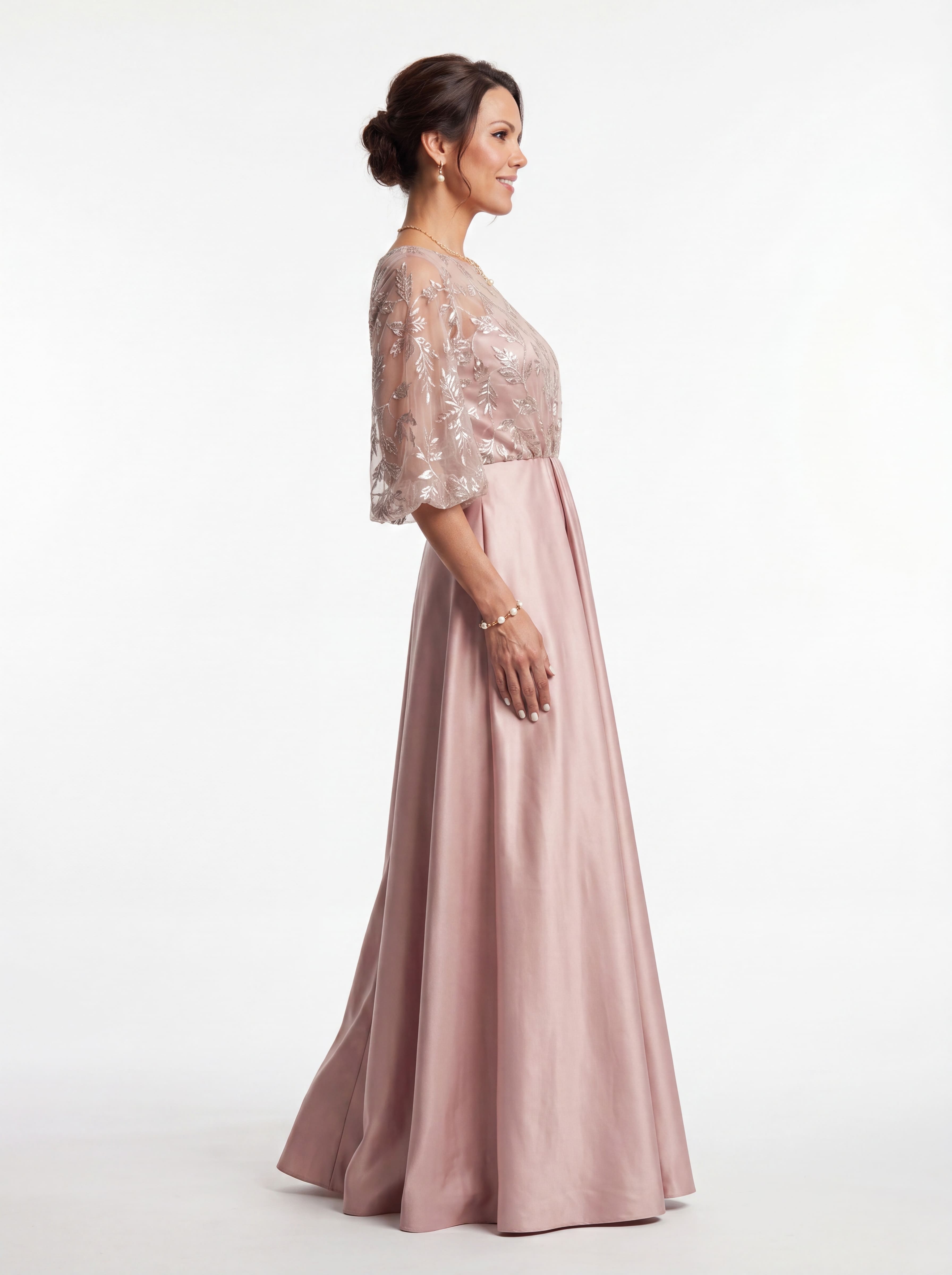 Blush Pink Floral Sequin A-Line Evening Gown - Batwing Sleeve mother of the Bride Dress with Pockets