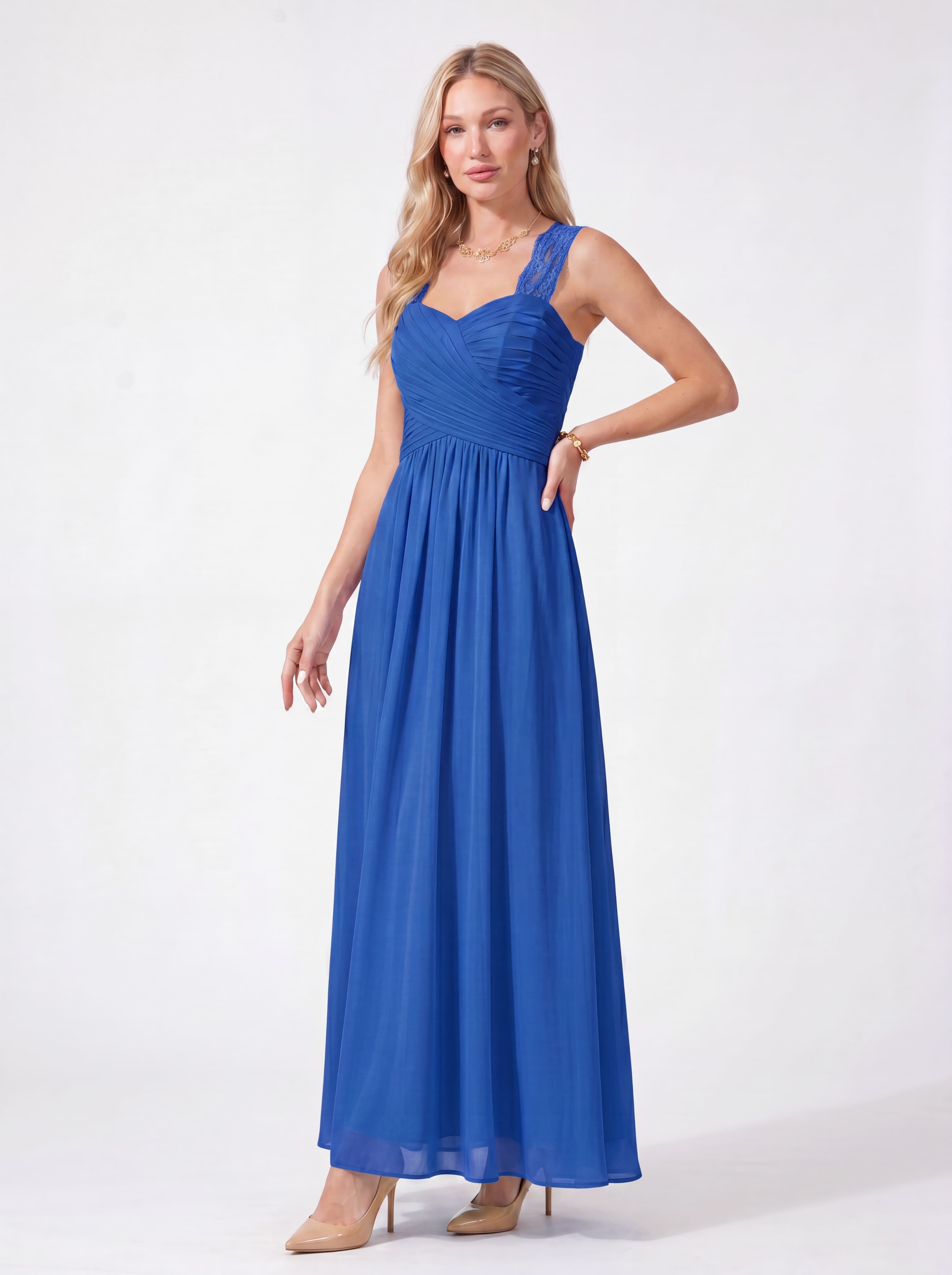 Flowing Chiffon Bridesmaid Dress - Lace Strap Ruched Sweetheart Maxi Gown with Empire Waist