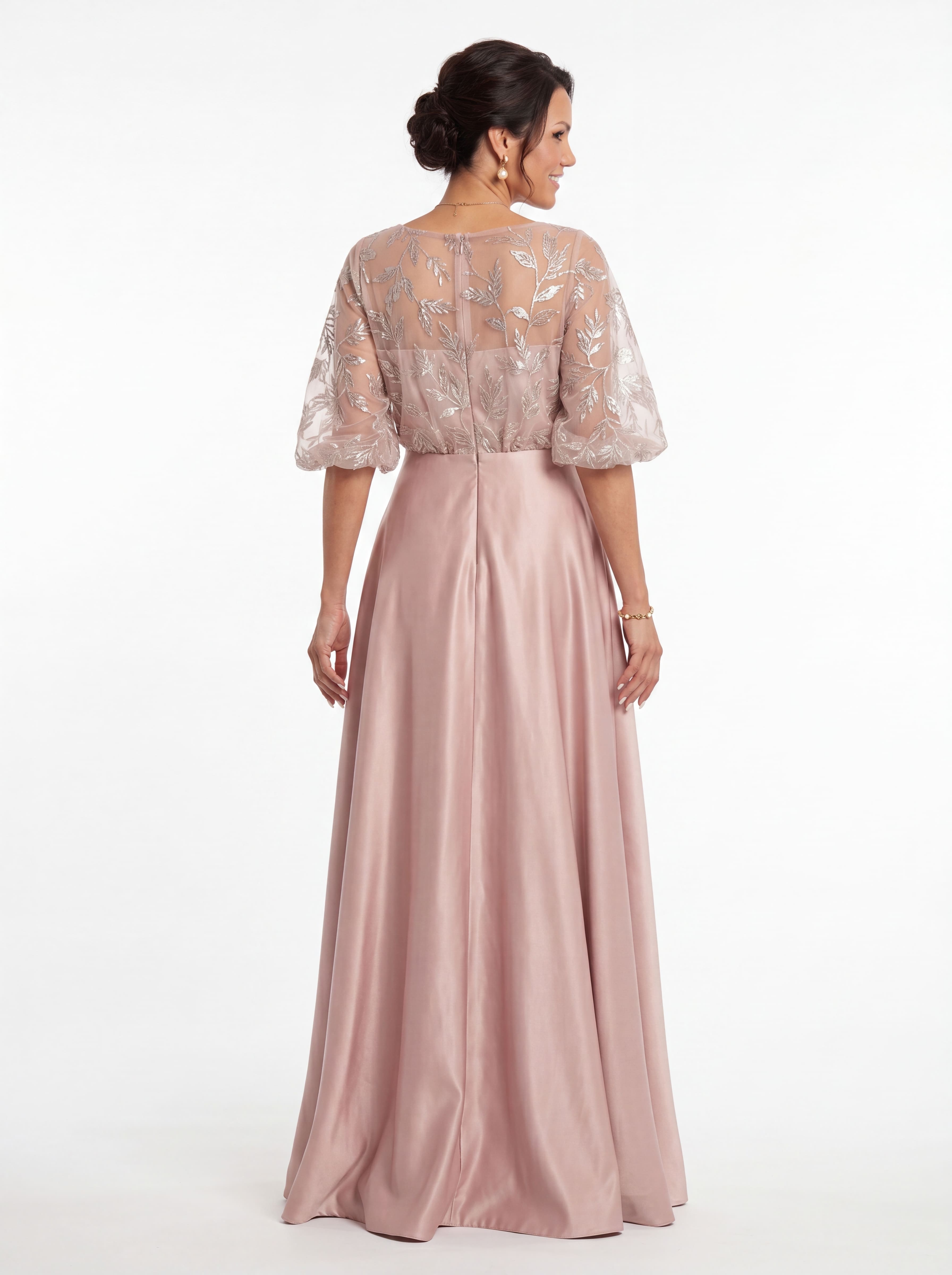 Blush Pink Floral Sequin A-Line Evening Gown - Batwing Sleeve mother of the Bride Dress with Pockets