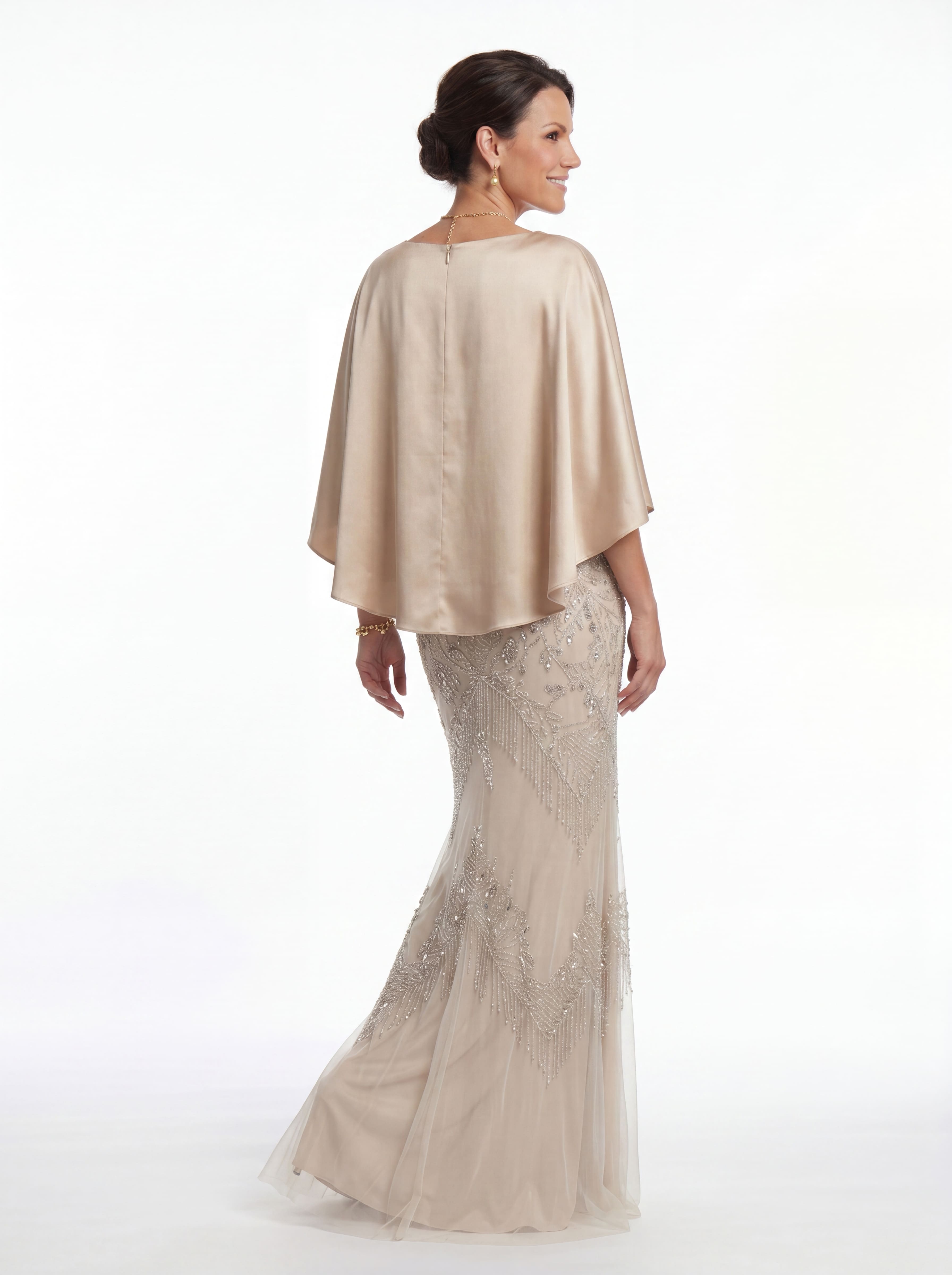 Champagne Art Deco Beaded Evening Gown - Satin Batwing mother of the Bride Dress with Pockets & Ruched Waist