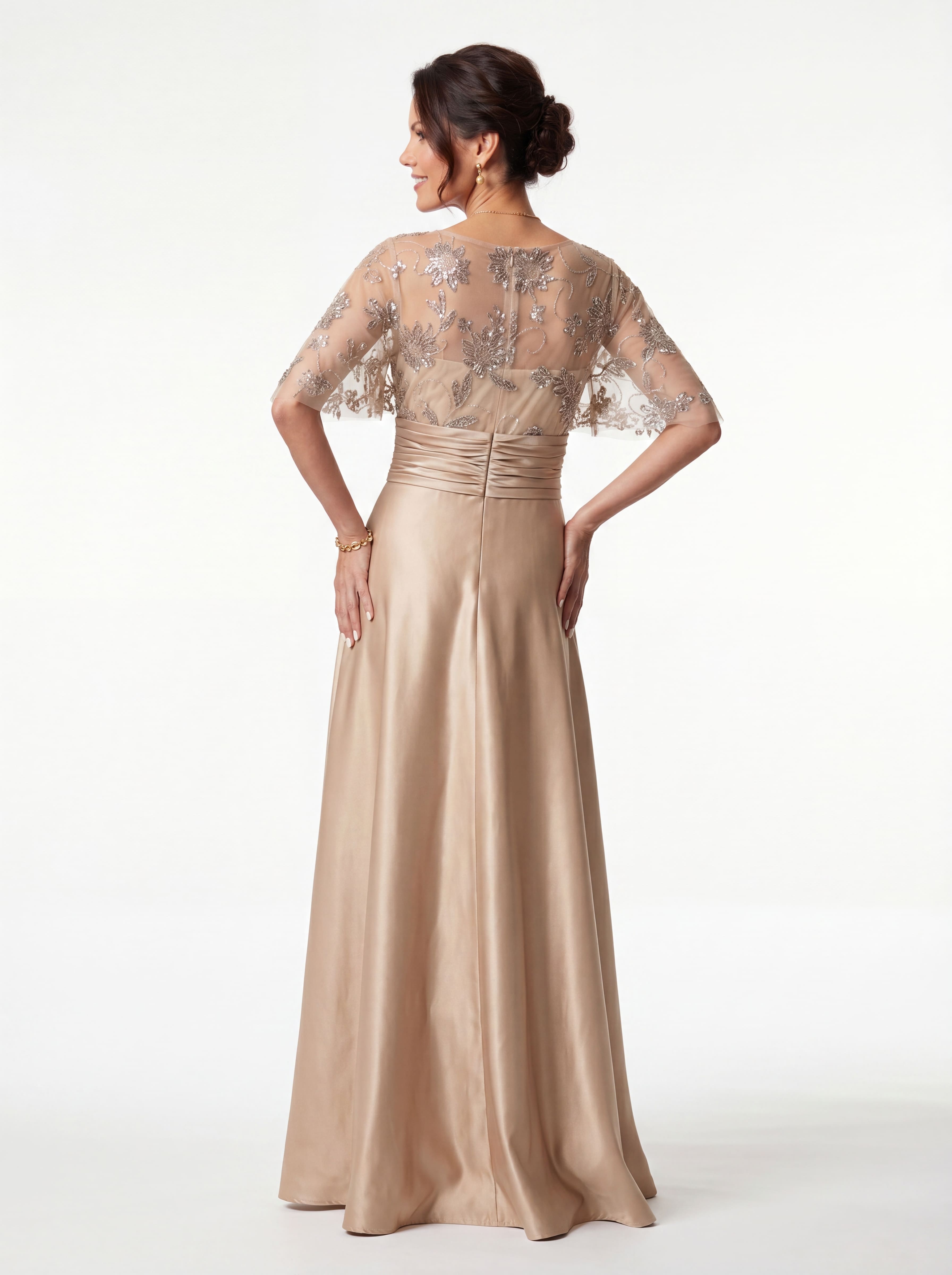 Champagne Floral Beaded Capelet Evening Gown - Ruched Satin A-Line mother of the Bride Dress