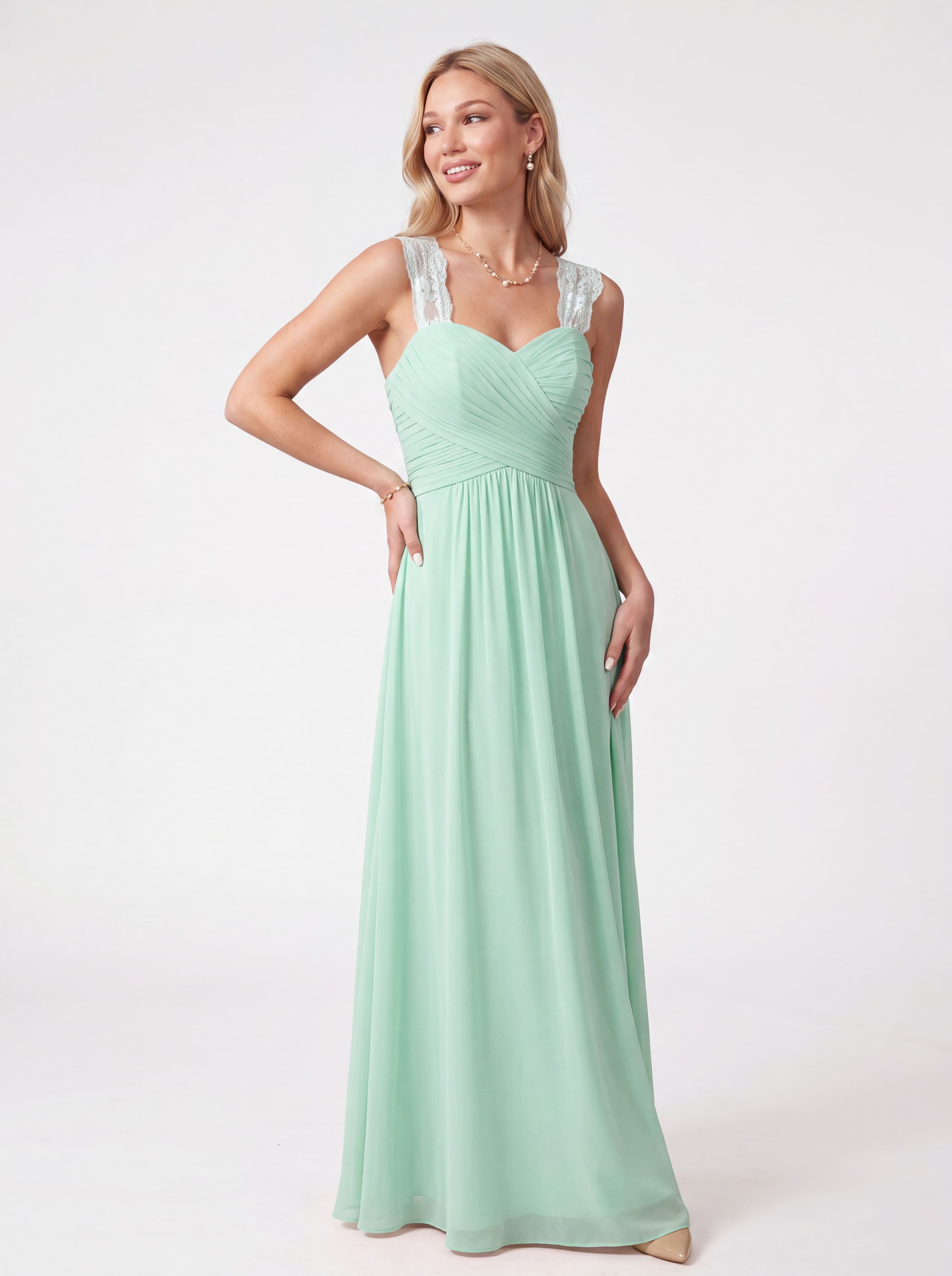 Flowing Chiffon Bridesmaid Dress - Lace Strap Ruched Sweetheart Maxi Gown with Empire Waist