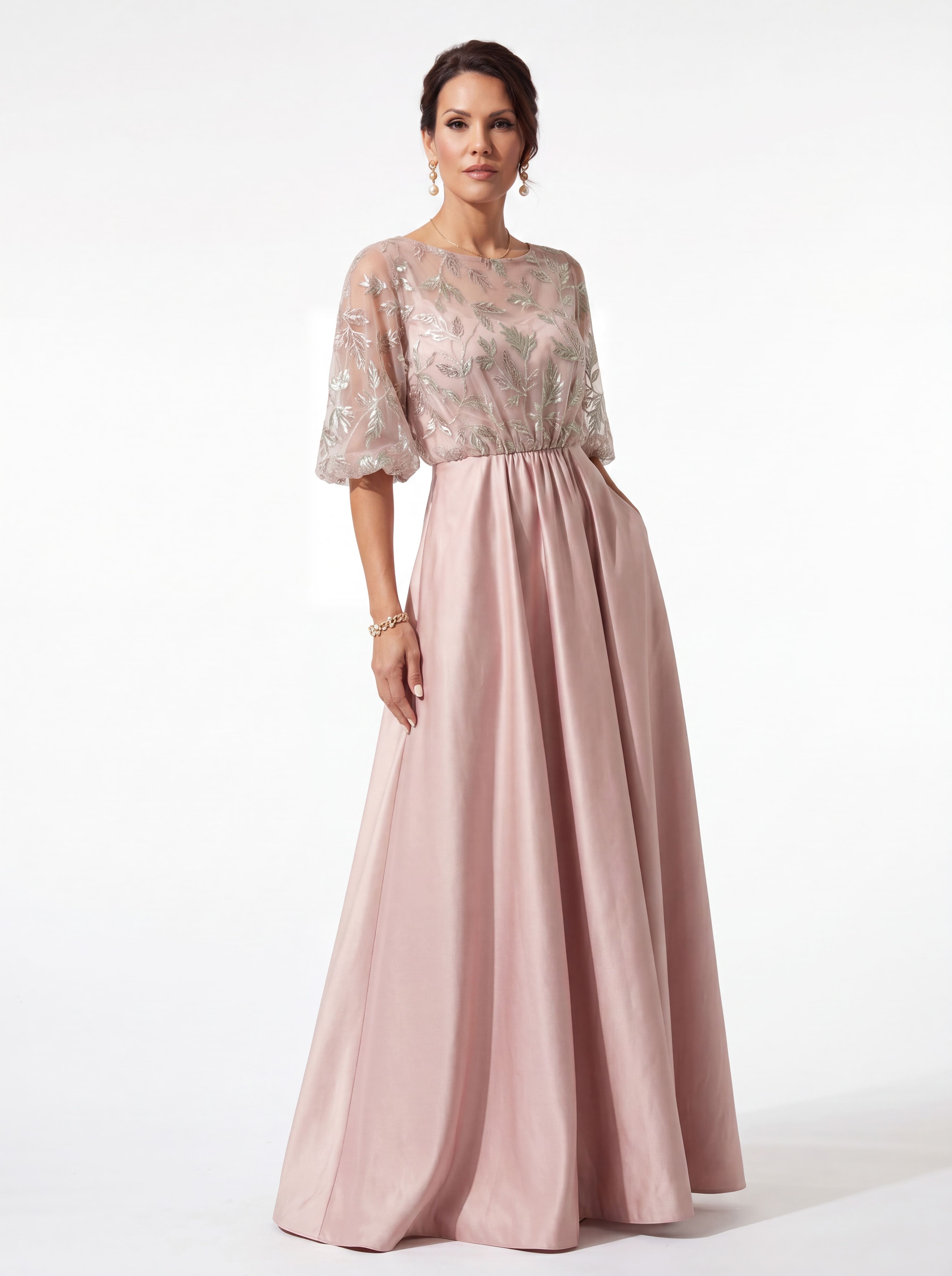 Blush Pink Floral Sequin A-Line Evening Gown - Batwing Sleeve mother of the Bride Dress with Pockets