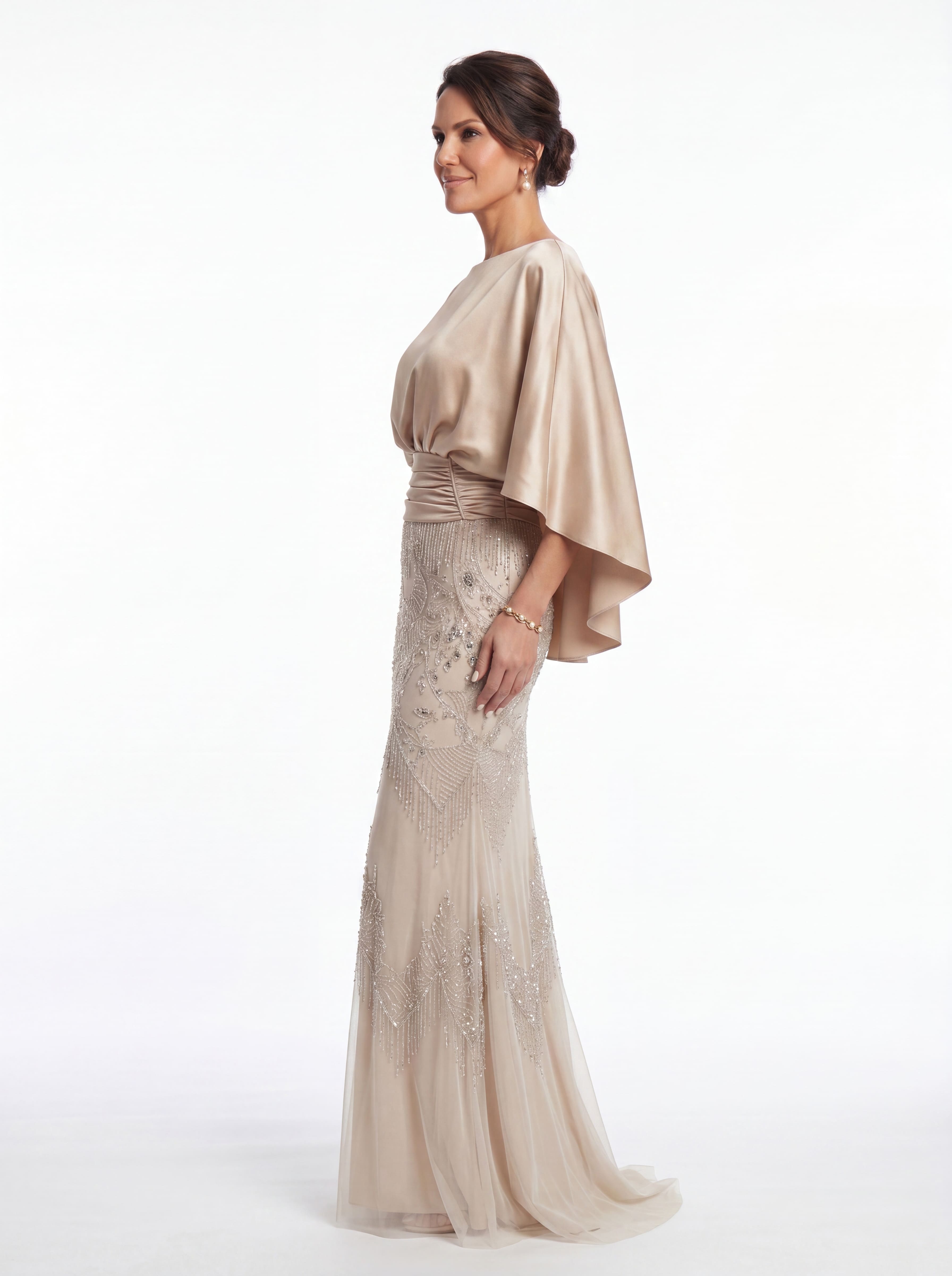 Champagne Art Deco Beaded Evening Gown - Satin Batwing mother of the Bride Dress with Pockets & Ruched Waist