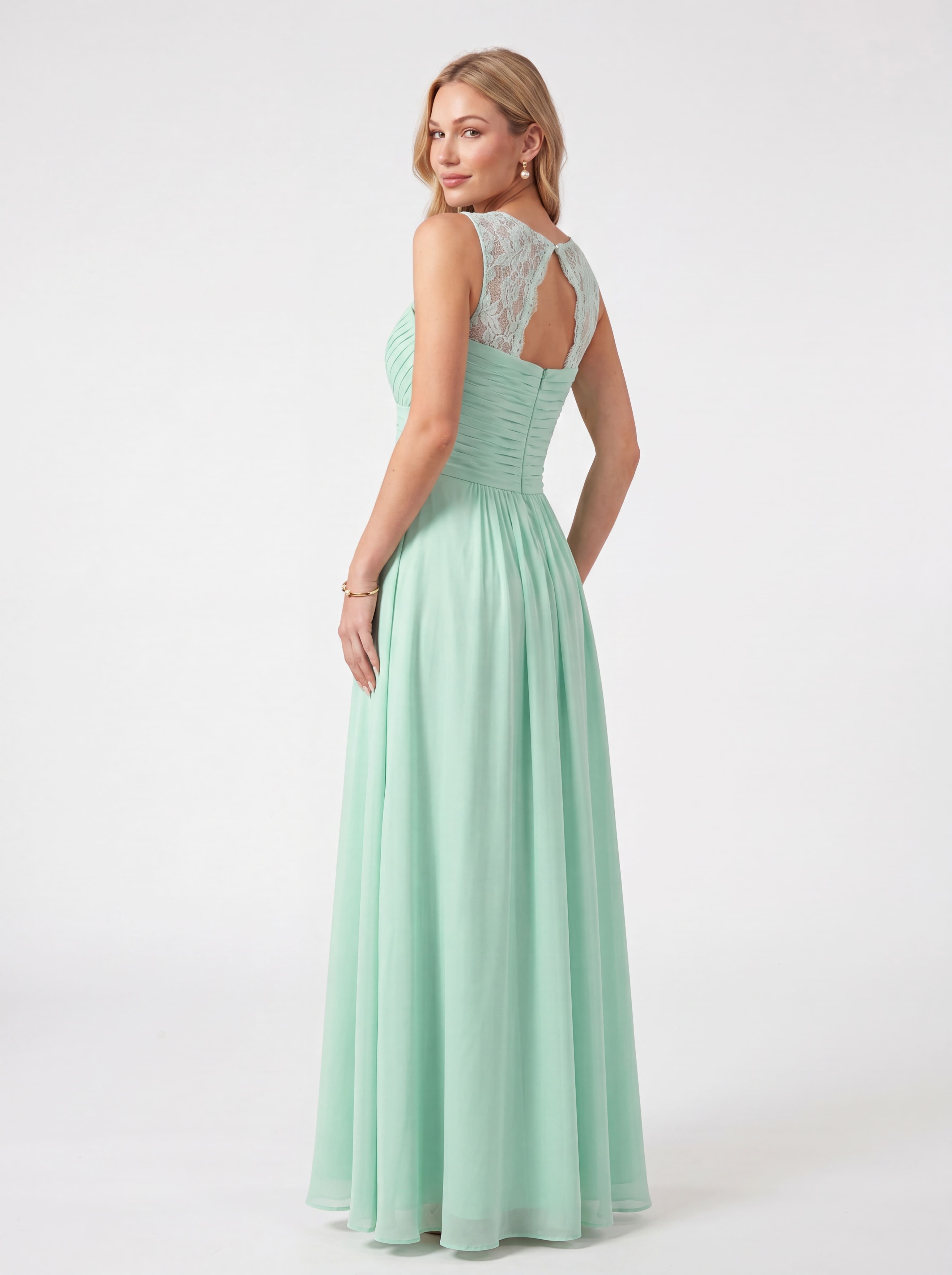 Flowing Chiffon Bridesmaid Dress - Lace Strap Ruched Sweetheart Maxi Gown with Empire Waist