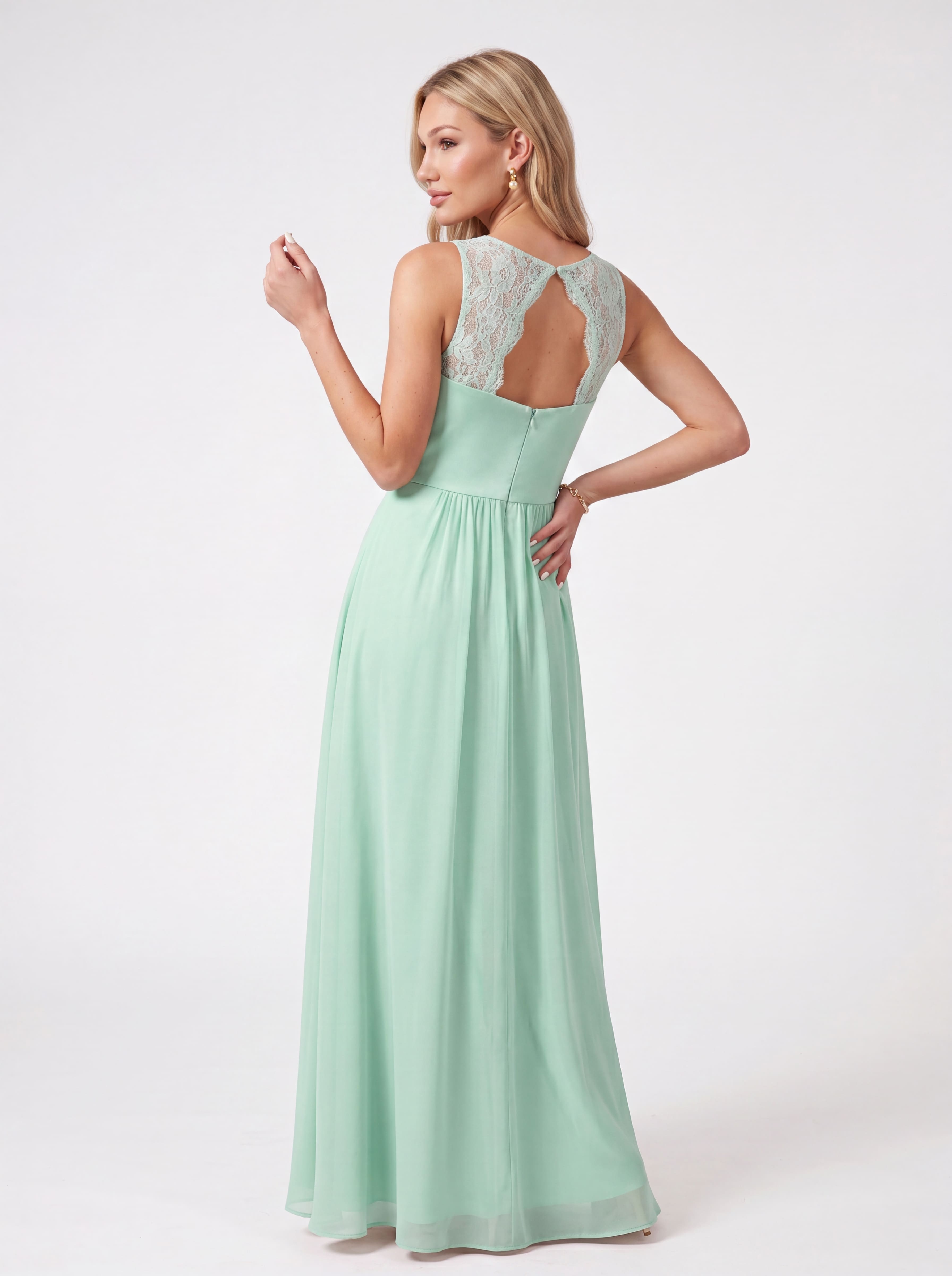 Flowing Chiffon Bridesmaid Dress - Lace Strap Ruched Sweetheart Maxi Gown with Empire Waist