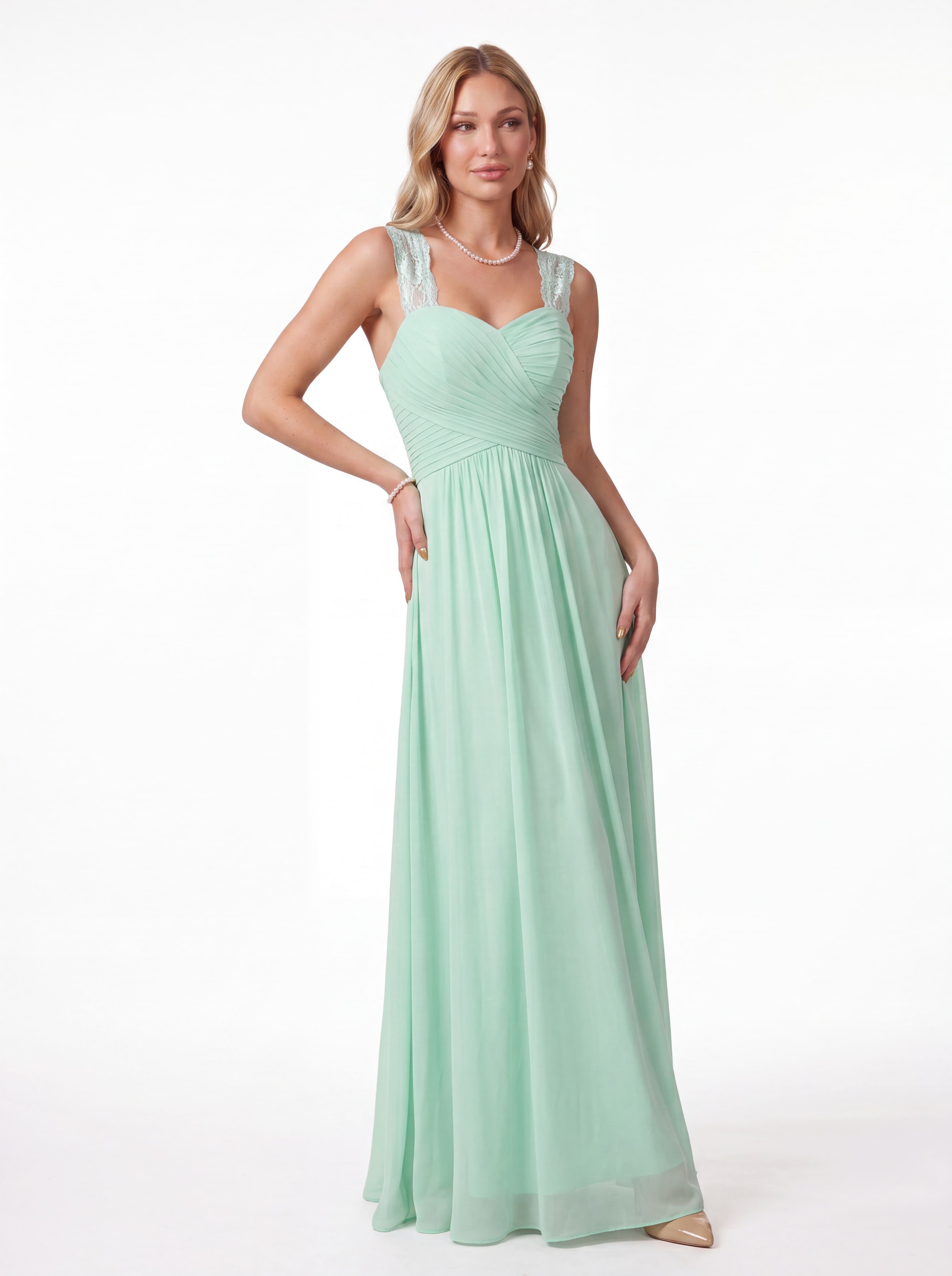 Flowing Chiffon Bridesmaid Dress - Lace Strap Ruched Sweetheart Maxi Gown with Empire Waist