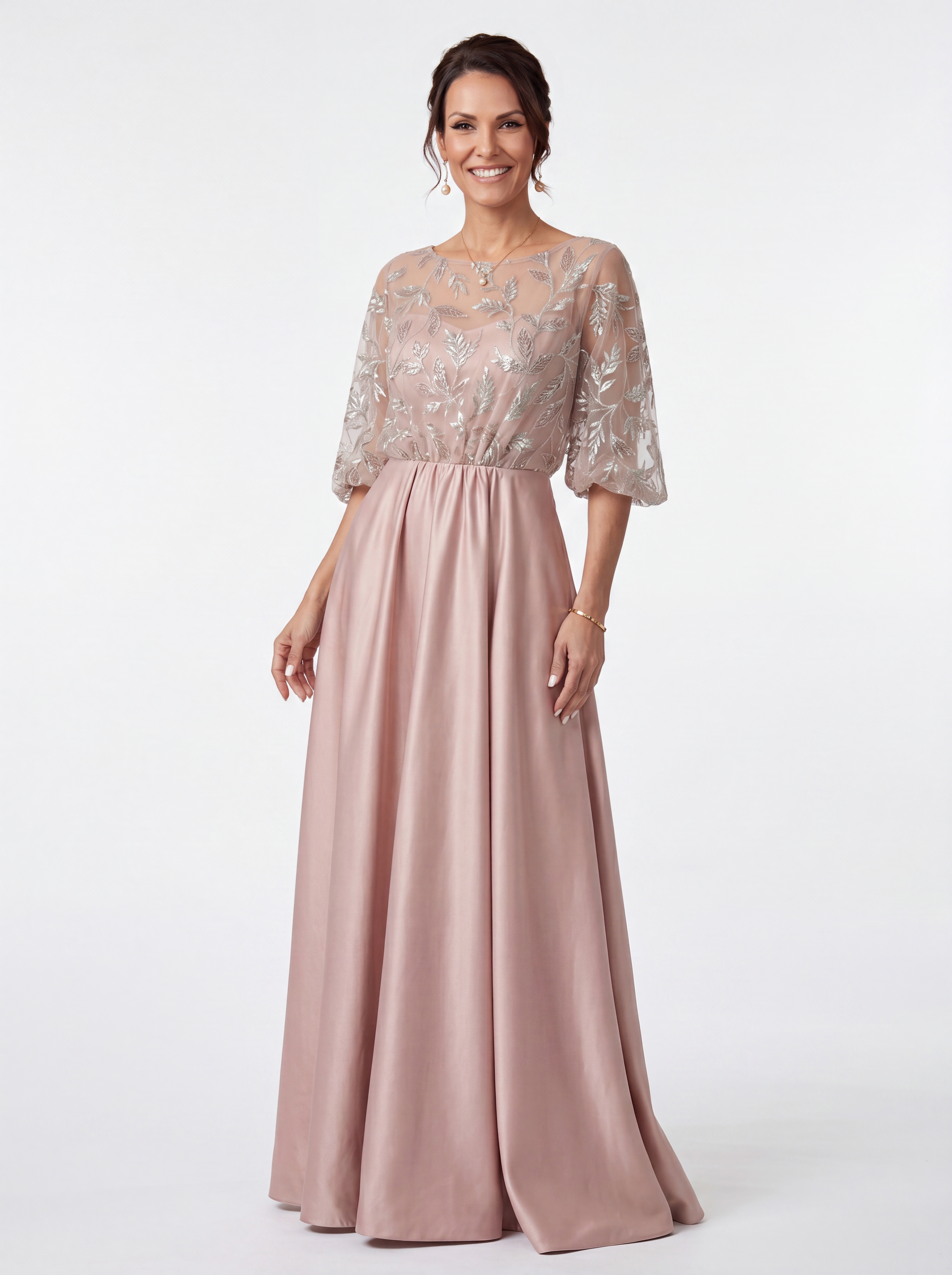 Blush Pink Floral Sequin A-Line Evening Gown - Batwing Sleeve Grandmother of the Bride Dress with Pockets