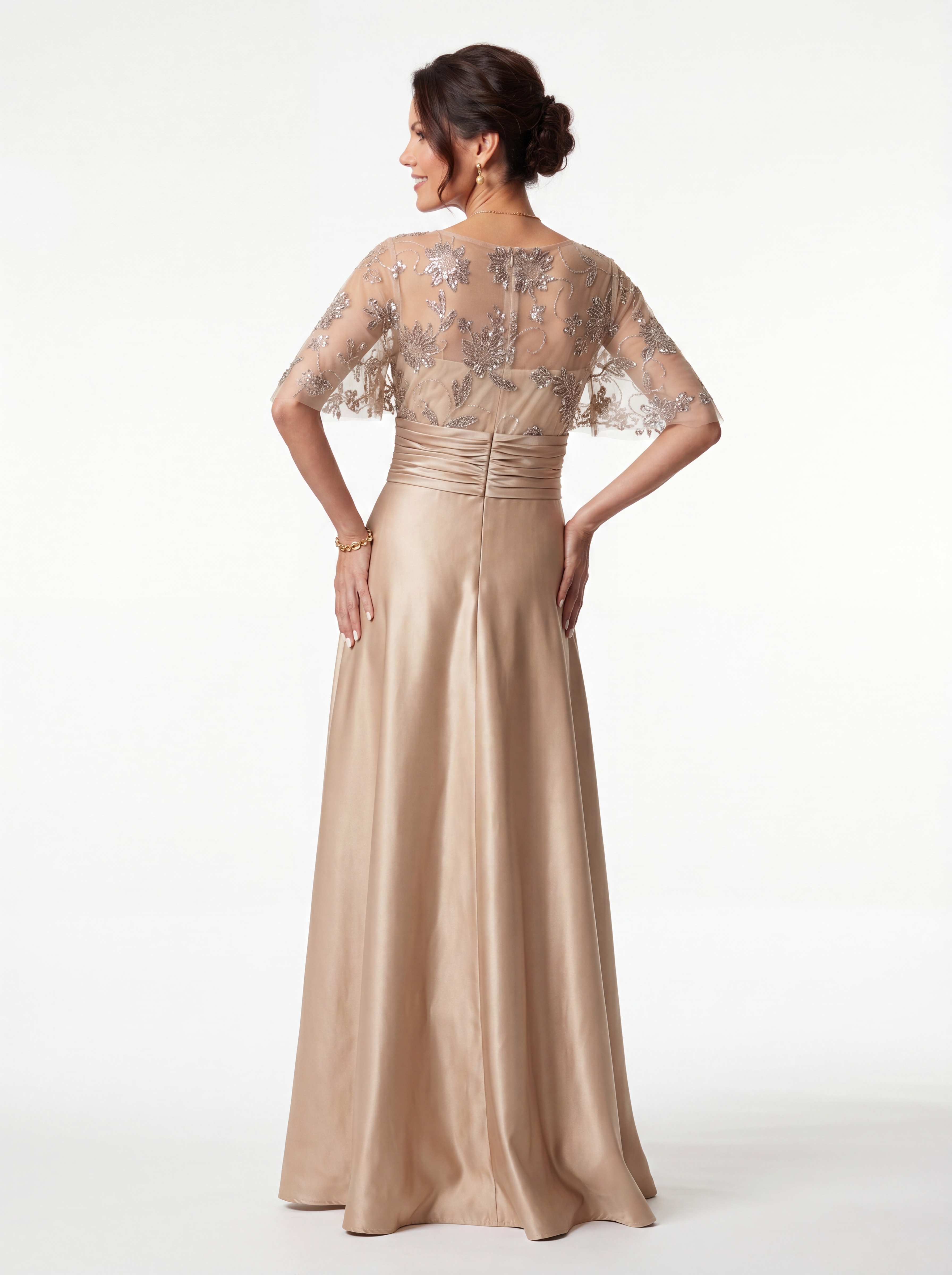 Champagne Floral Beaded Capelet Evening Gown - Ruched Satin A-Line Grandmother of the Bride Dress