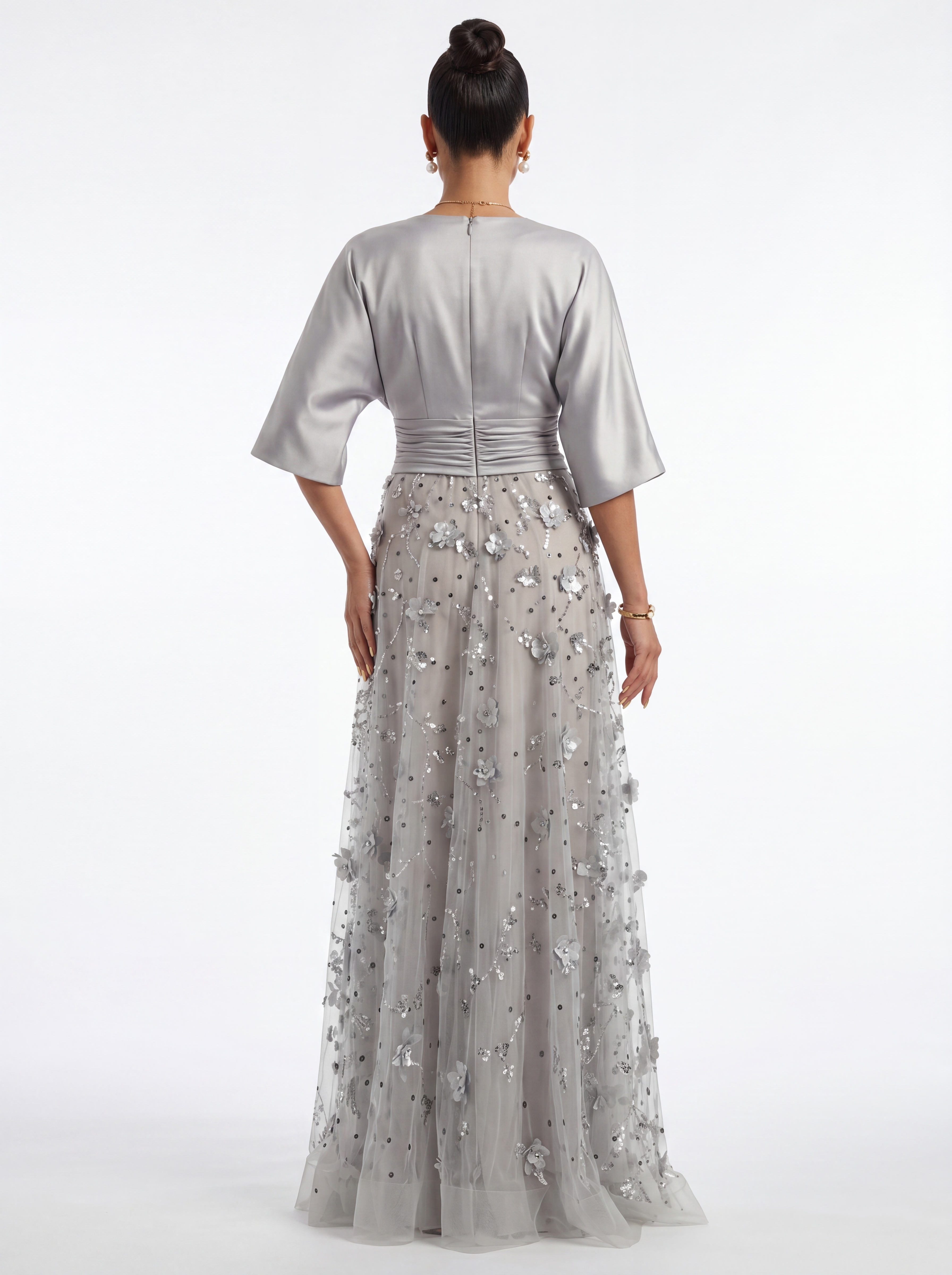 Silver 3D Floral Sequin A-Line Evening Gown - Satin Batwing Sleeve Grandmother of the Bride Dress with Ruched Waist