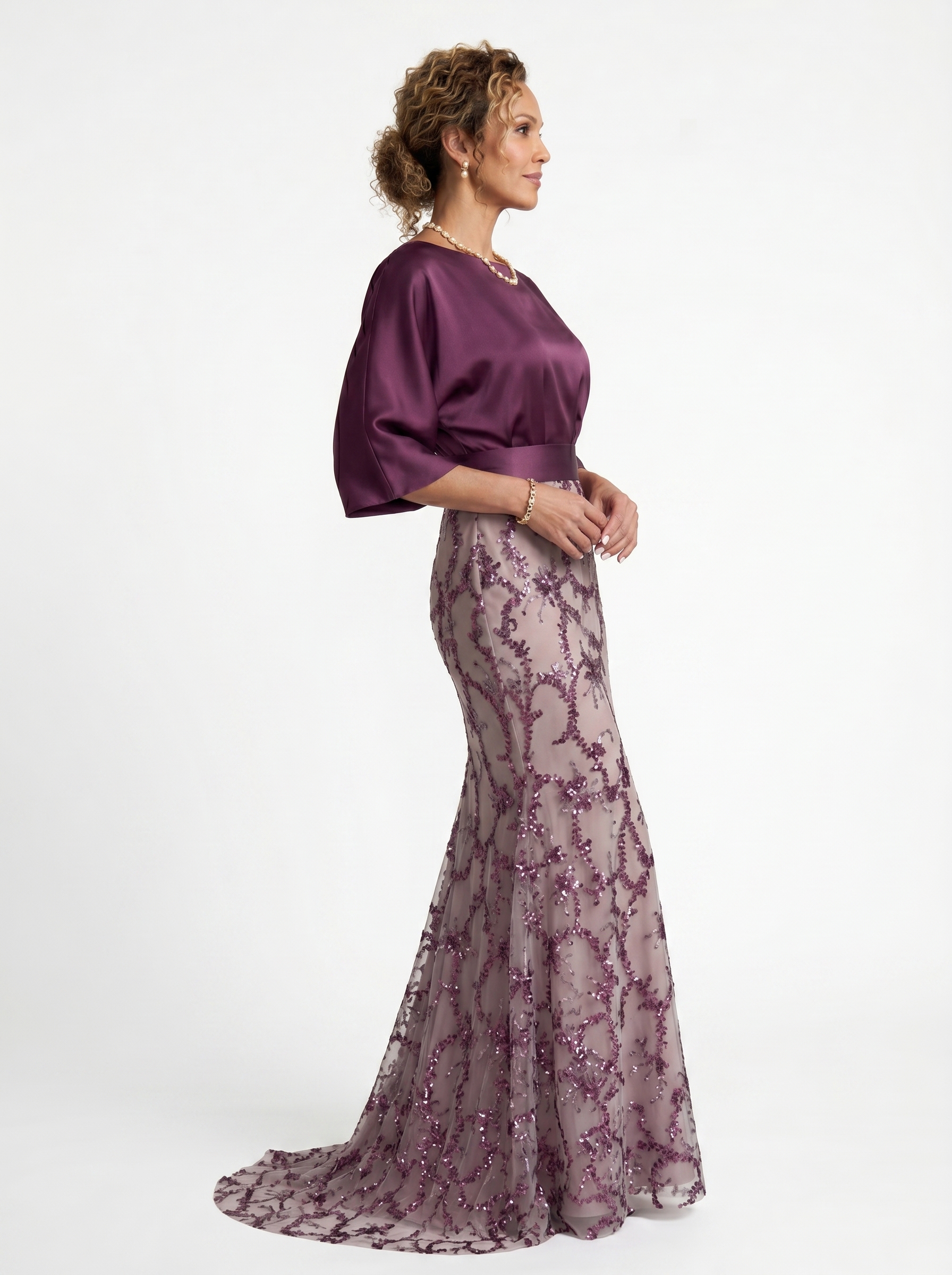 Dark Plum Satin Dolman Evening Gown - Sequin Mermaid Grandmother of the Bride Dress with Wide Waistband