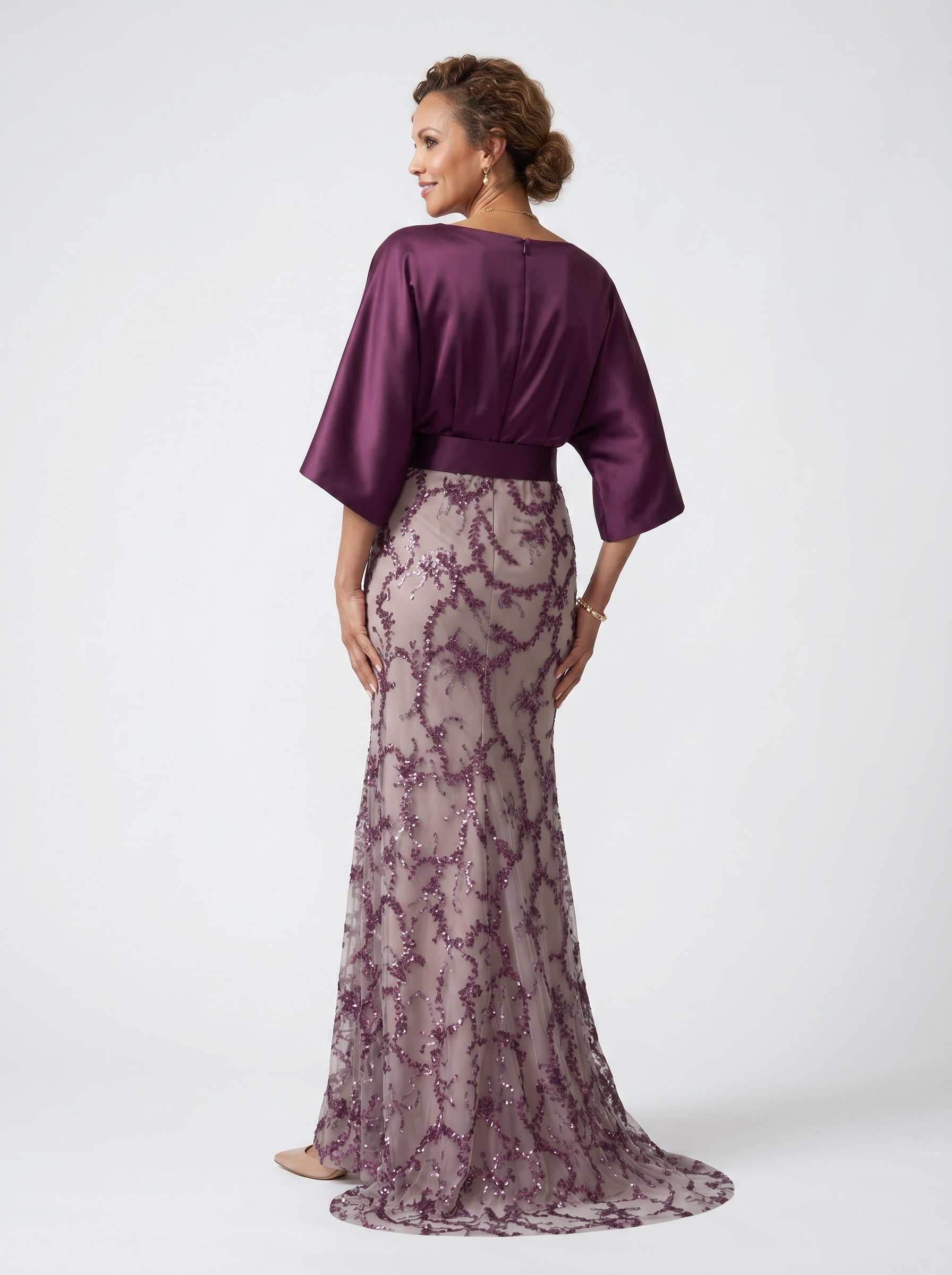 Dark Plum Satin Dolman Evening Gown - Sequin Mermaid Grandmother of the Bride Dress with Wide Waistband