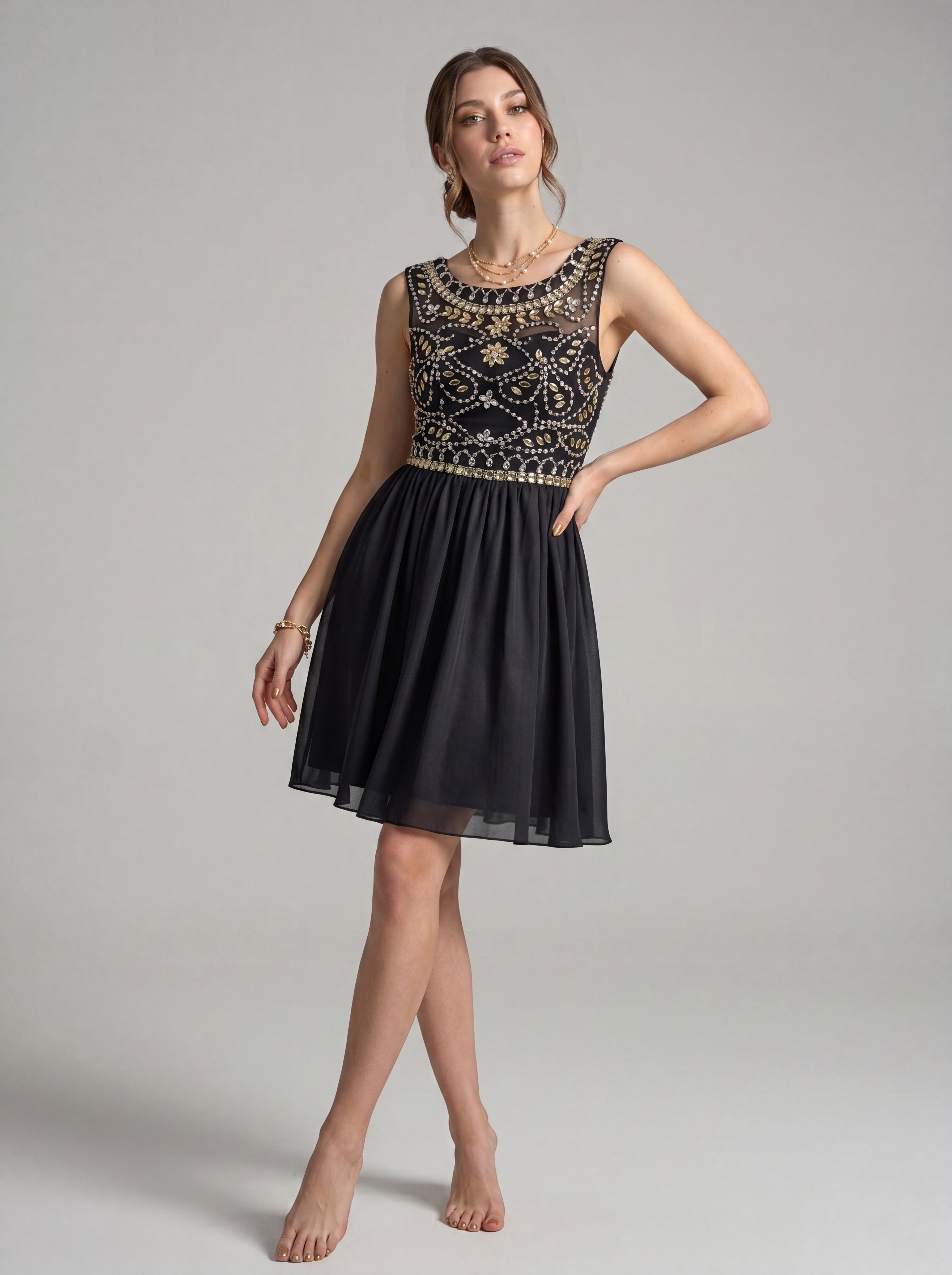 Short Beaded Homecoming Dress - Illusion Sleeveless Embellished A-Line Chiffon Cocktail Party Gown for Graduation & Prom