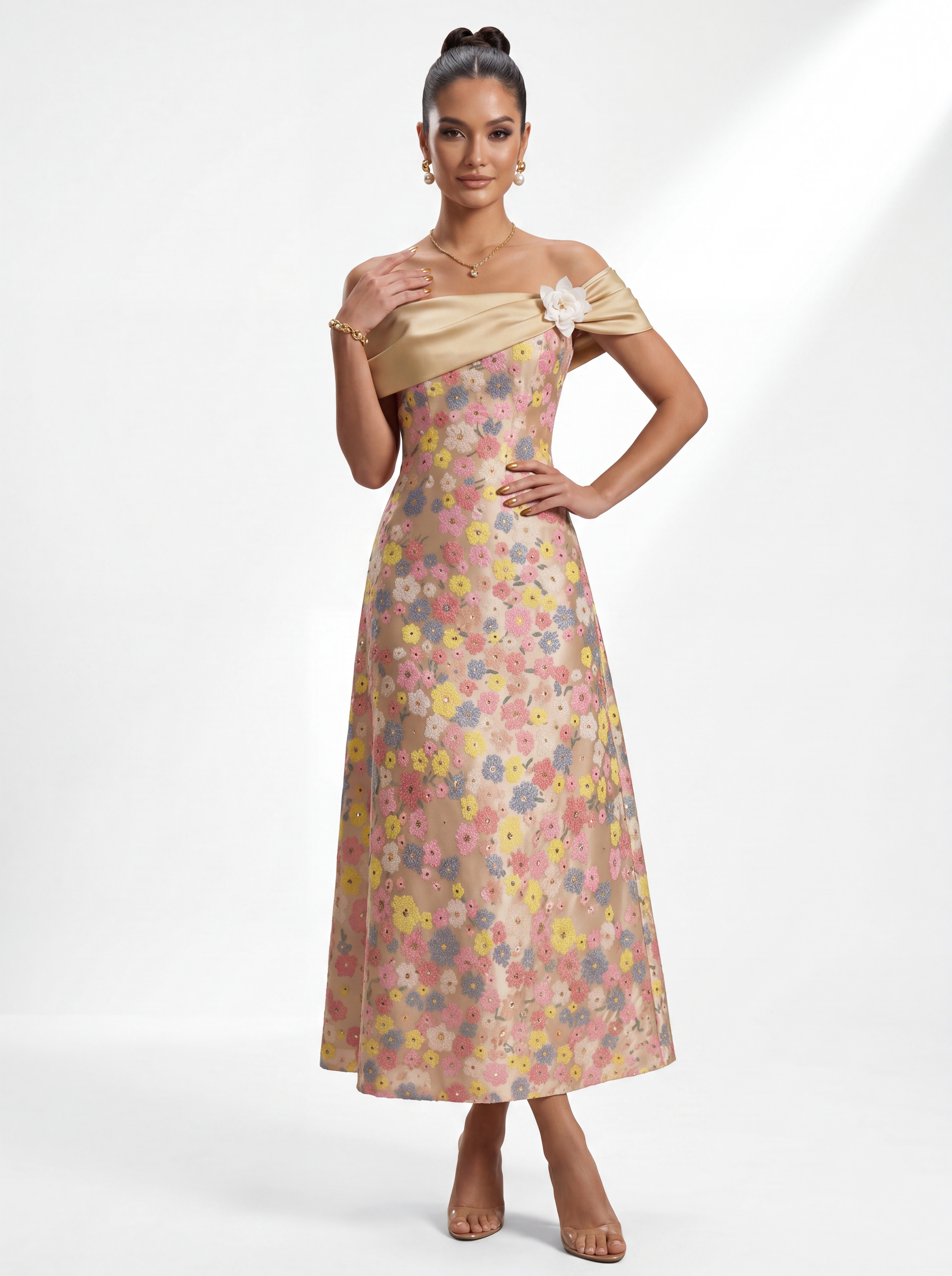 Champagne Pastel Floral Sequin A-Line Evening Gown - Off-The-Shoulder Satin Mother of the Bride Dress with Pockets