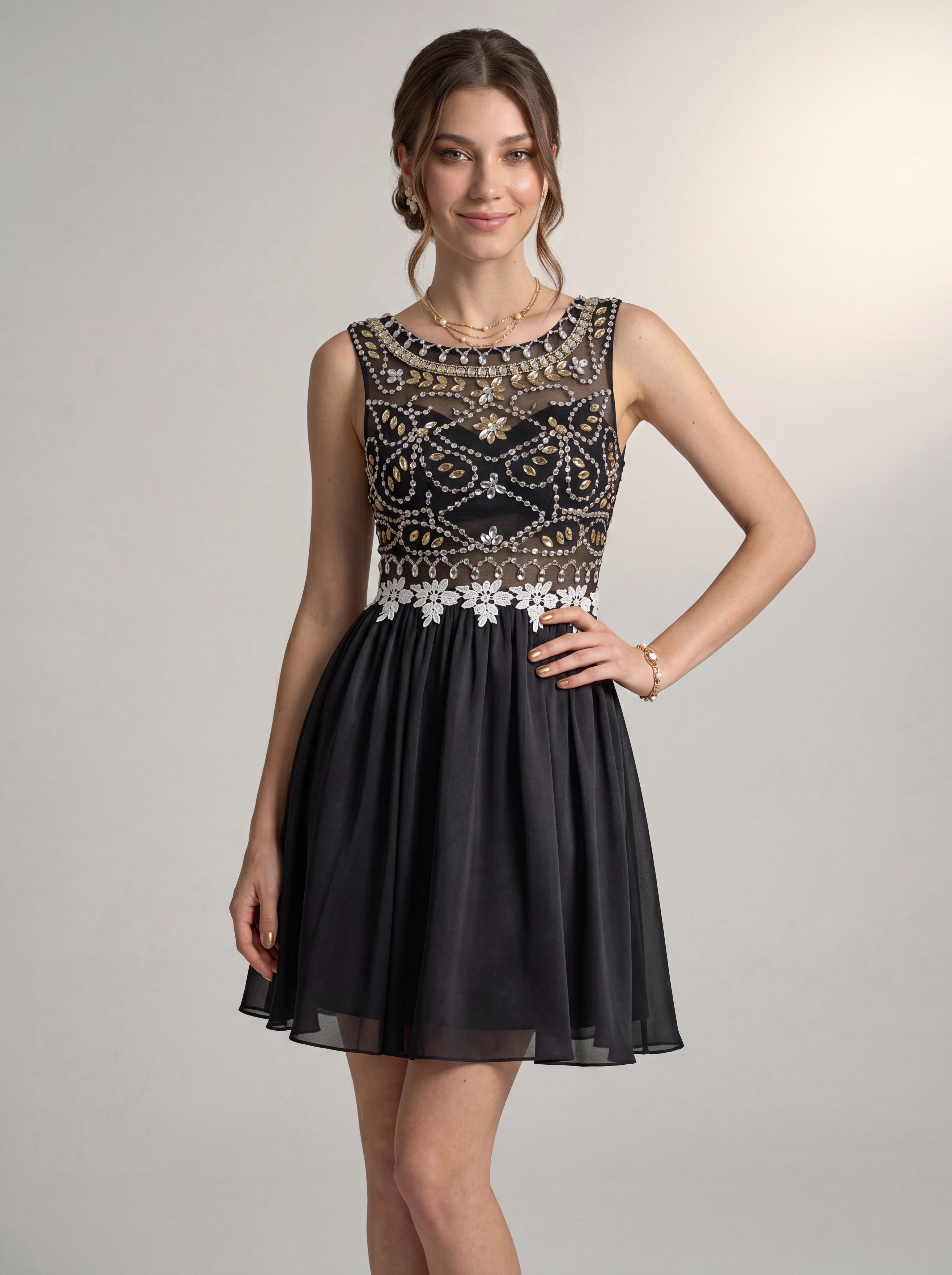 Short Beaded Homecoming Dress - Illusion Sleeveless Embellished A-Line Chiffon Cocktail Party Gown for Graduation & Prom