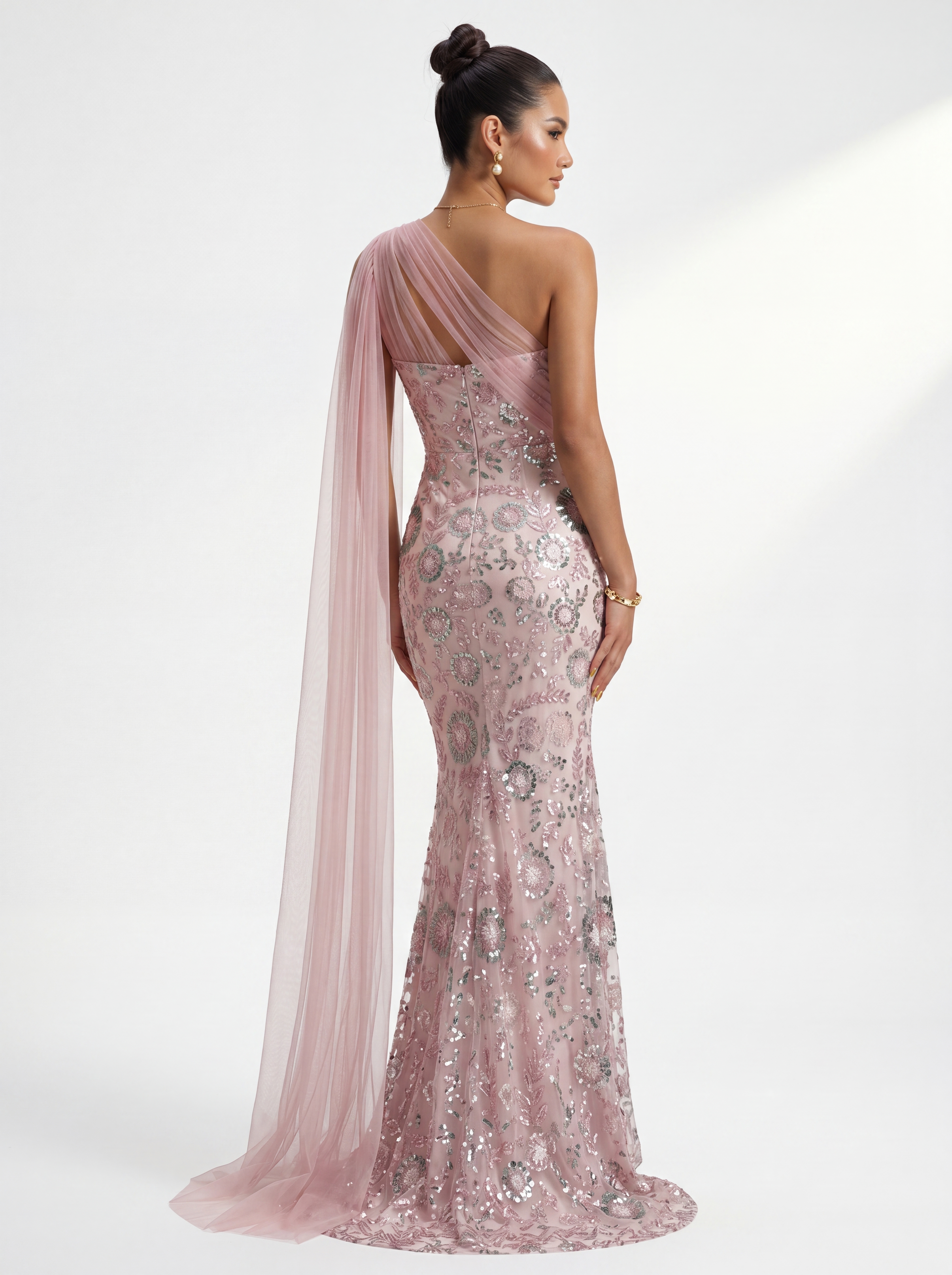 Blush Pink Beaded Mermaid Evening Gown - One-Shoulder Mother of the Bride Dress with Tulle Side Cape