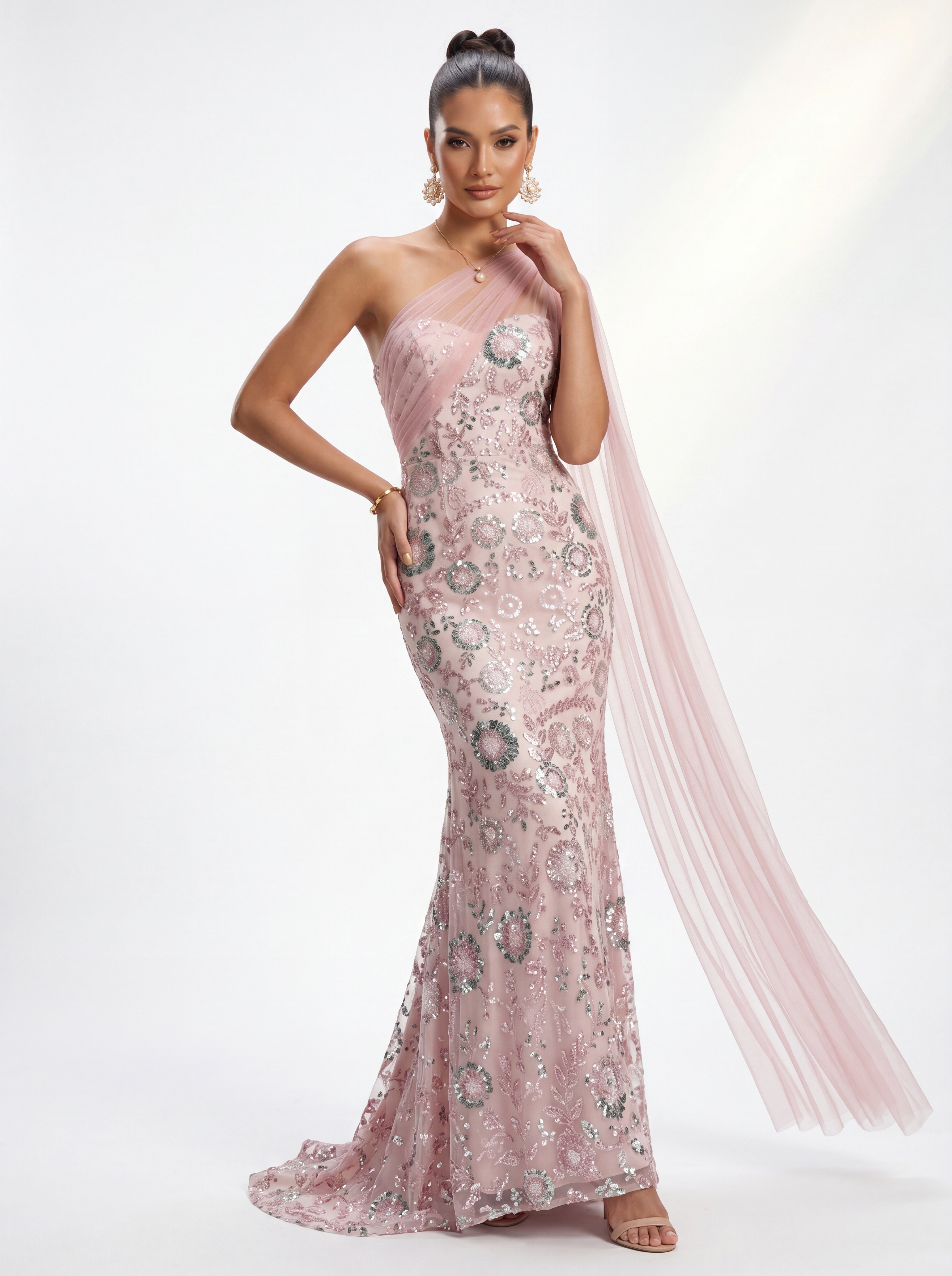 Blush Pink Beaded Mermaid Evening Gown - One-Shoulder Mother of the Bride Dress with Tulle Side Cape