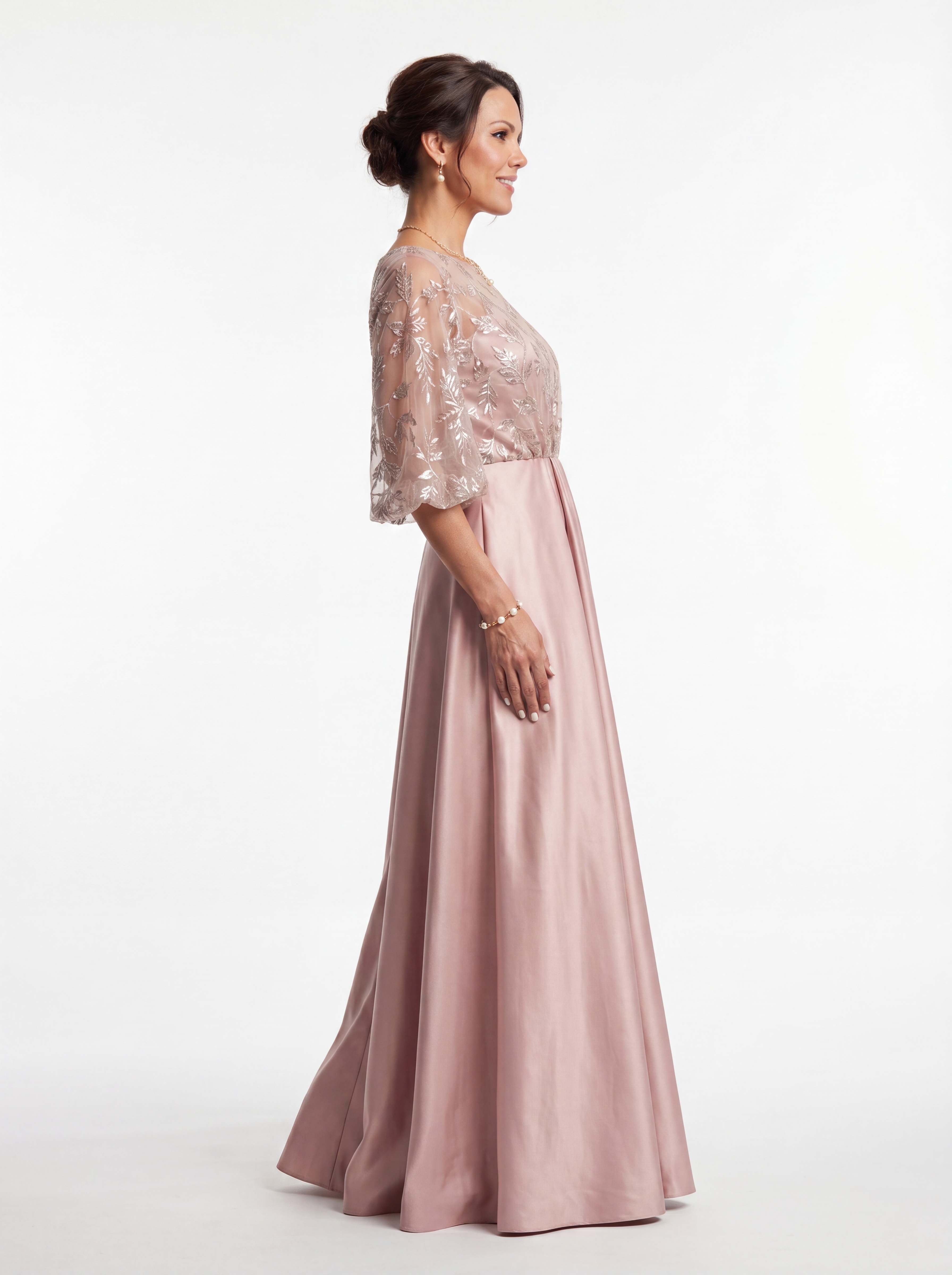 Blush Pink Floral Sequin A-Line Evening Gown - Batwing Sleeve Grandmother of the Bride Dress with Pockets