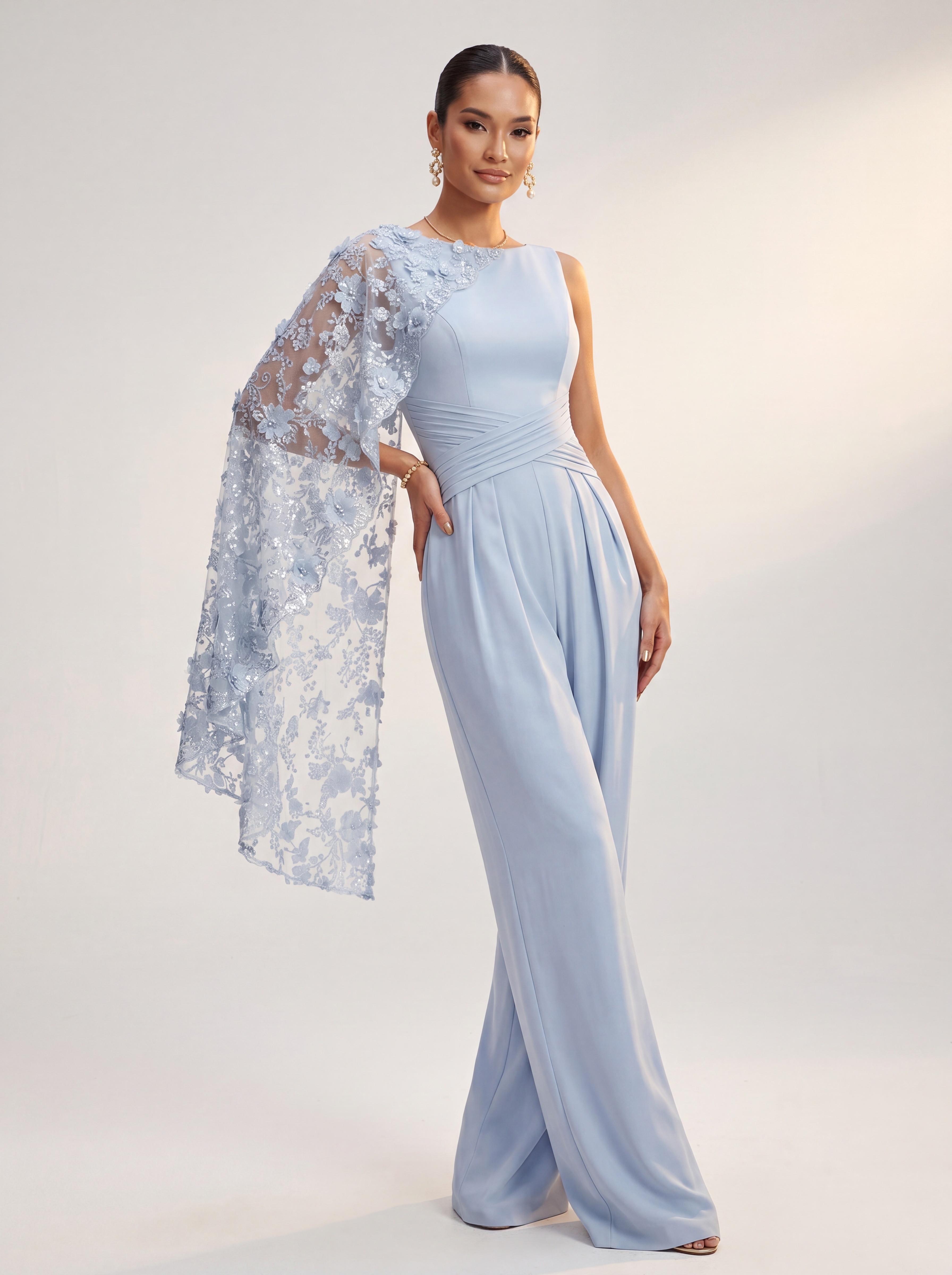 Sky Blue Floral Cape Formal Pantsuit - Boat Neck Wide Leg Mother of the Bride Jumpsuit with Ruched Waist & Pockets