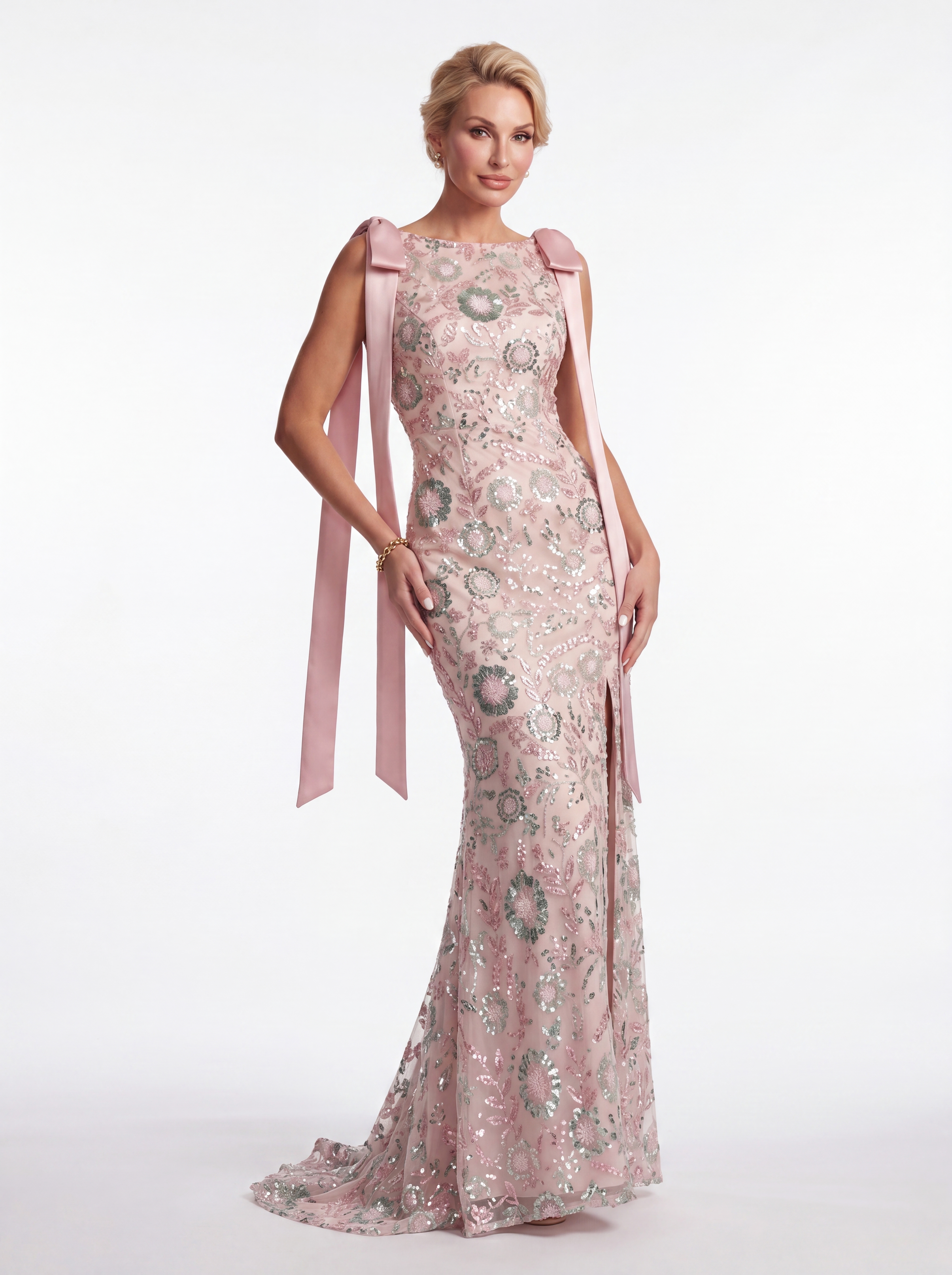 Blush Pink Beaded Floral Mermaid Evening Gown - Boat Neck Mother of the Bride Dress with Satin Shoulder Bows