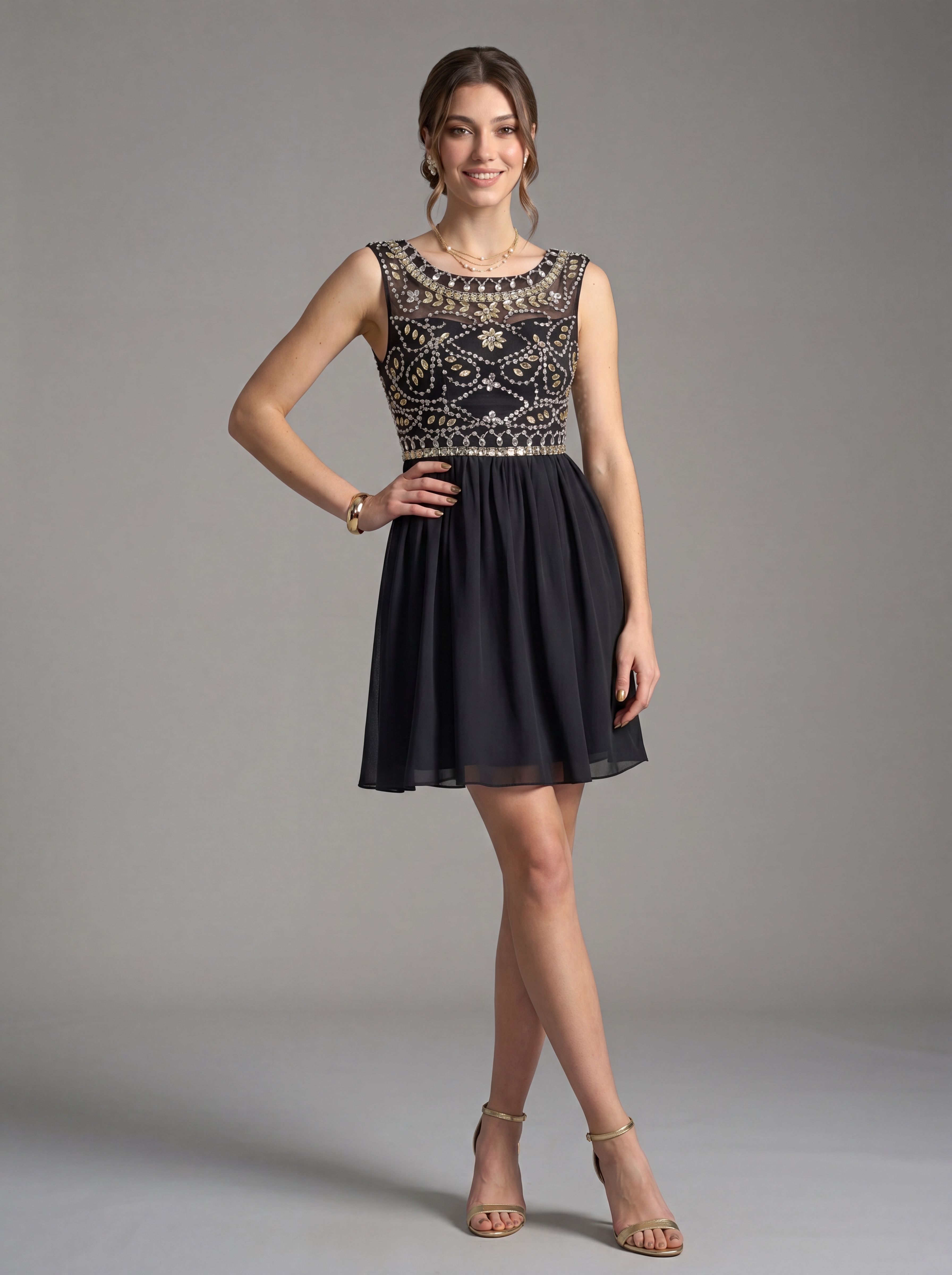Short Beaded Homecoming Dress - Illusion Sleeveless Embellished A-Line Chiffon Cocktail Party Gown for Graduation & Prom