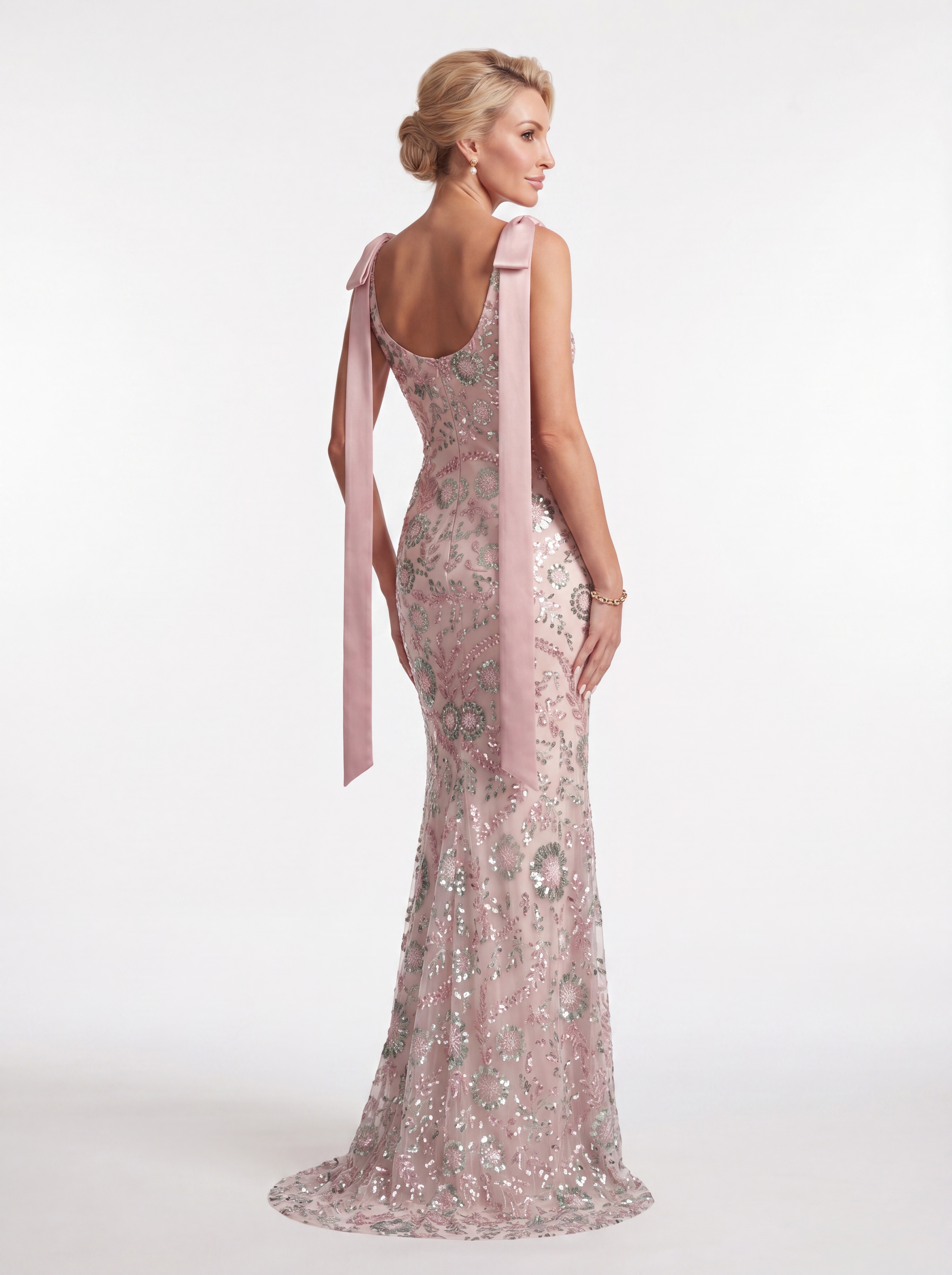 Blush Pink Beaded Floral Mermaid Evening Gown - Boat Neck Mother of the Bride Dress with Satin Shoulder Bows