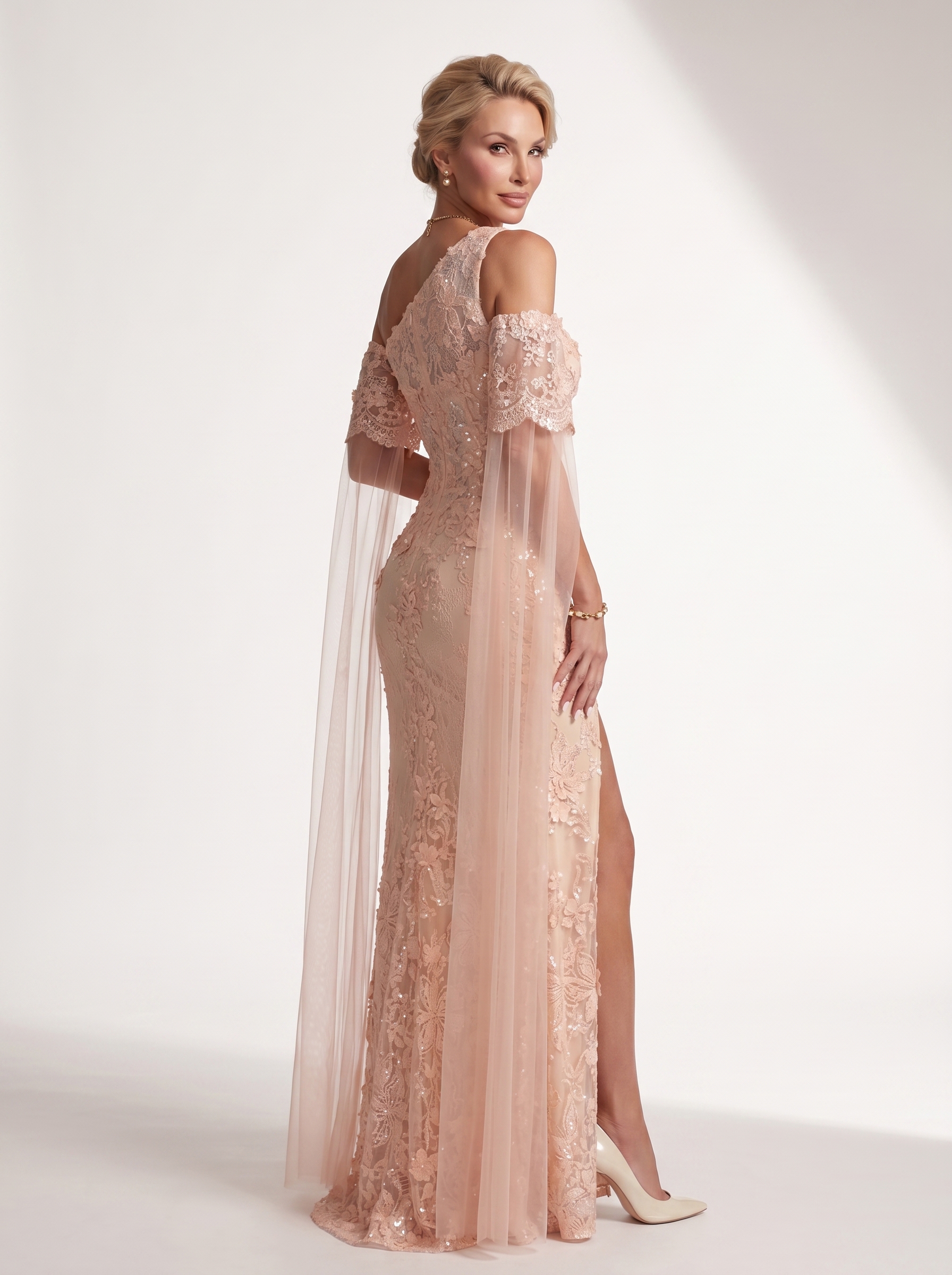 Peach 3D Floral Beaded Mermaid Evening Gown - Asymmetrical Cold-Shoulder Mother of the Bride Dress with Cape Sleeves