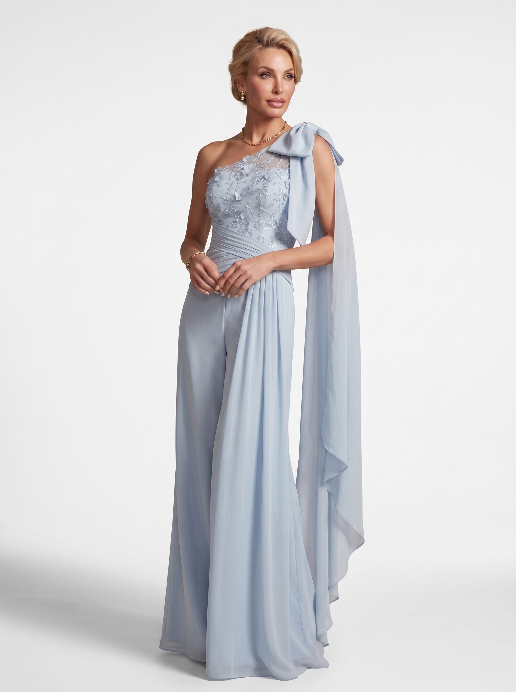 Sky Blue Floral Lace One-Shoulder Formal Pantsuit - Wide Leg Mother of the Bride Jumpsuit with Cape & Ruched Waist