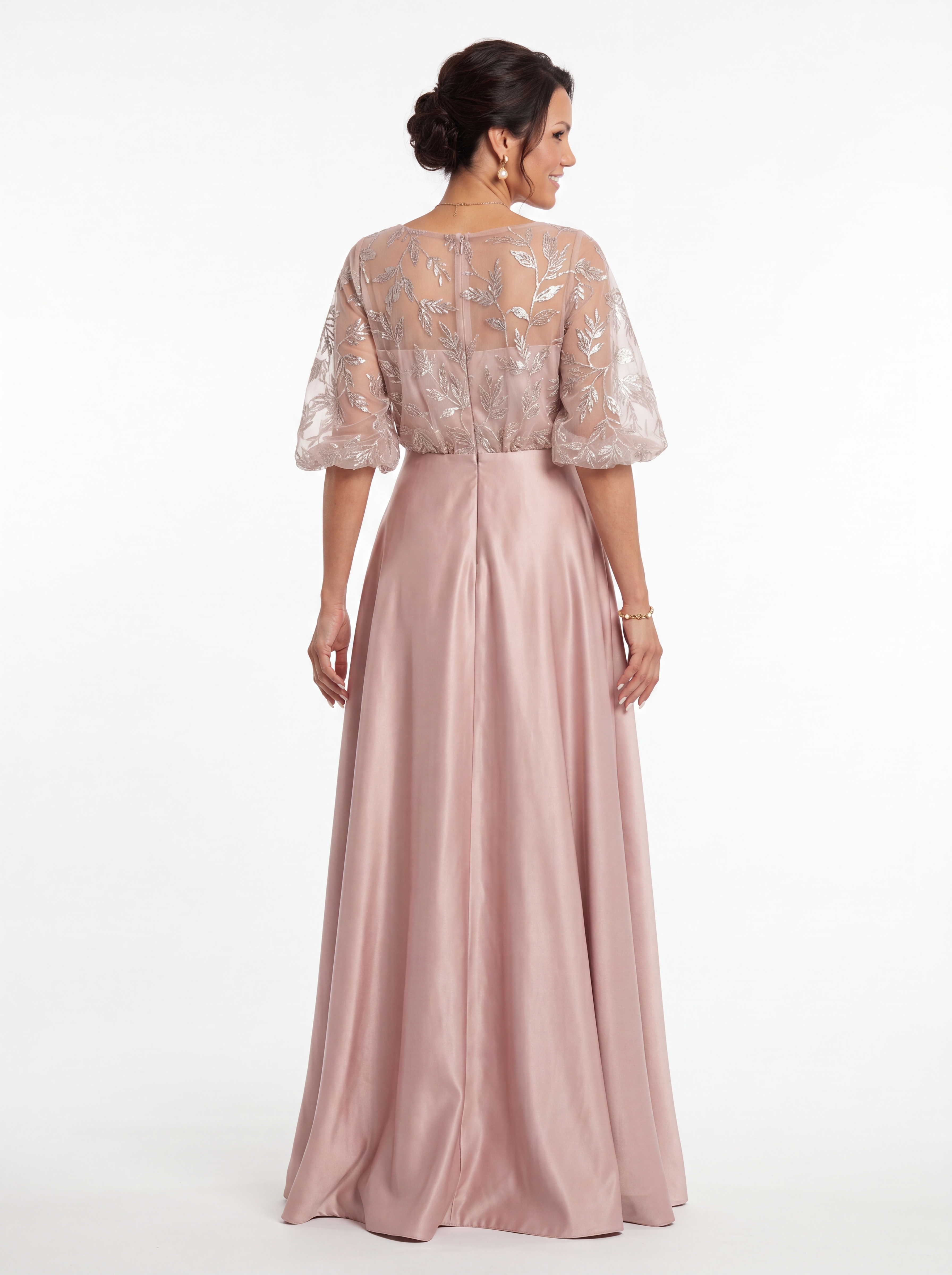 Blush Pink Floral Sequin A-Line Evening Gown - Batwing Sleeve Grandmother of the Bride Dress with Pockets