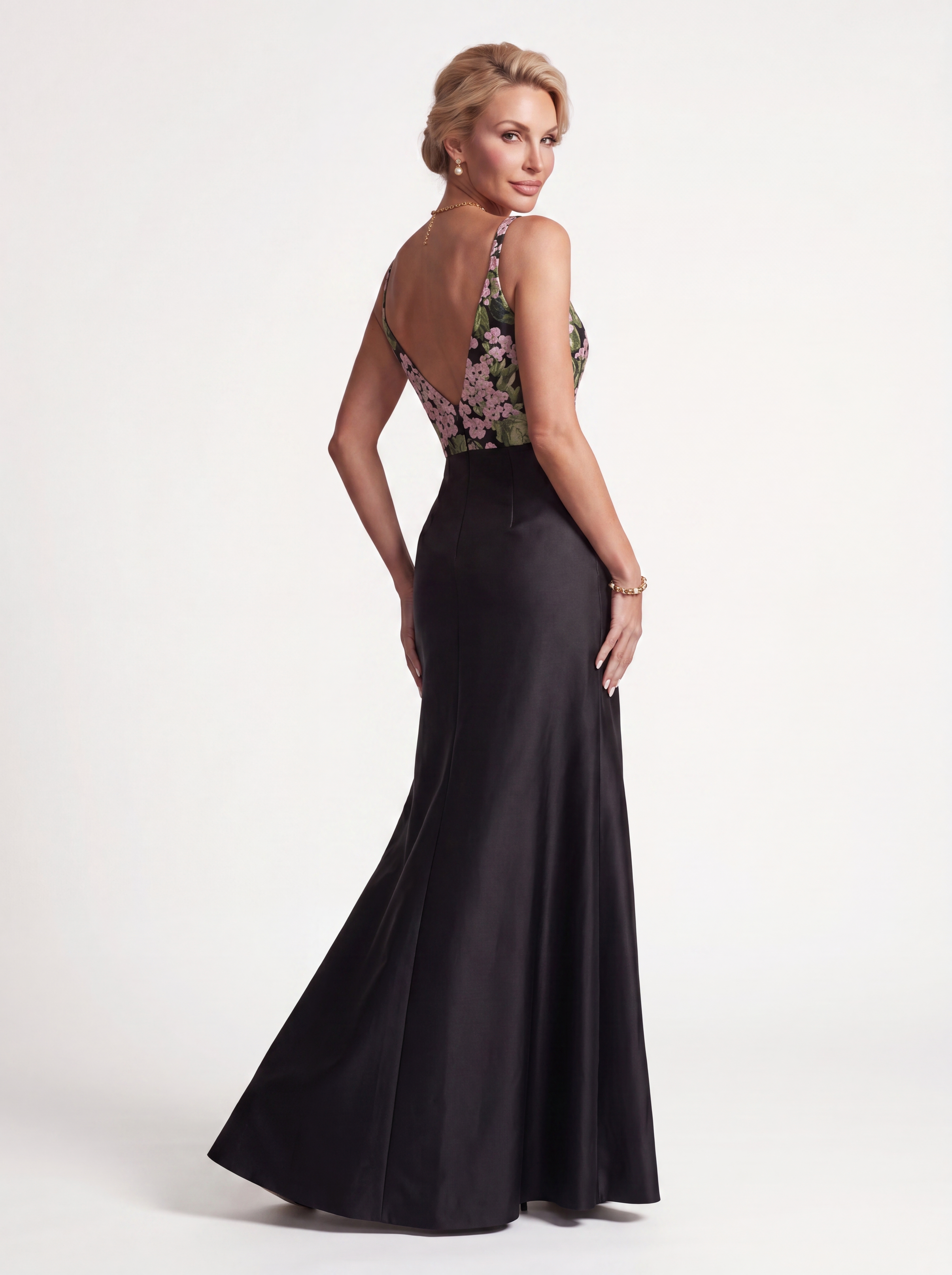 Black Floral Embroidered V-Neck Evening Gown - Structured Satin A-Line Mother of the Bride Dress with Slit