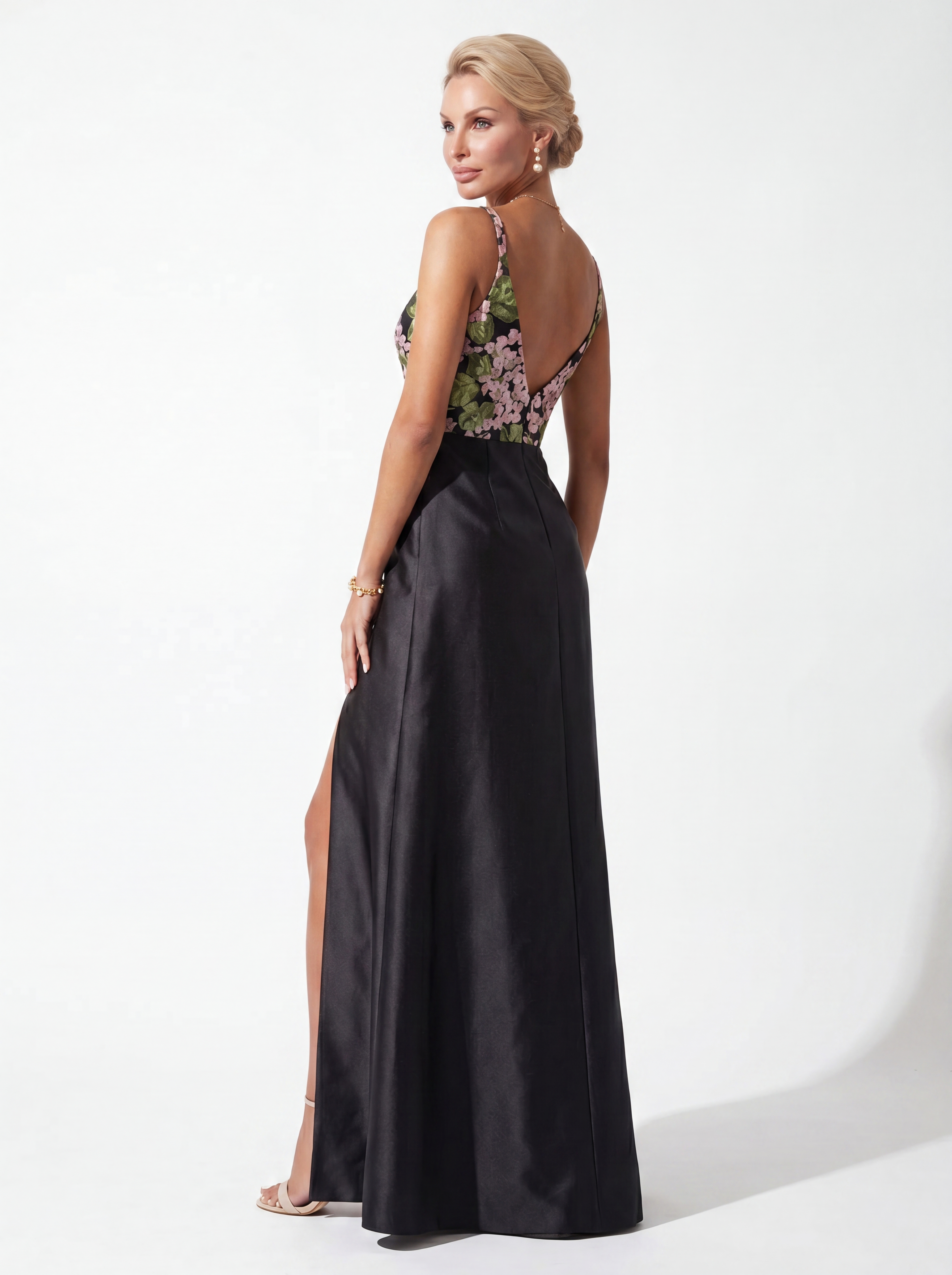 Black Floral Embroidered V-Neck Evening Gown - Structured Satin A-Line Mother of the Bride Dress with Slit