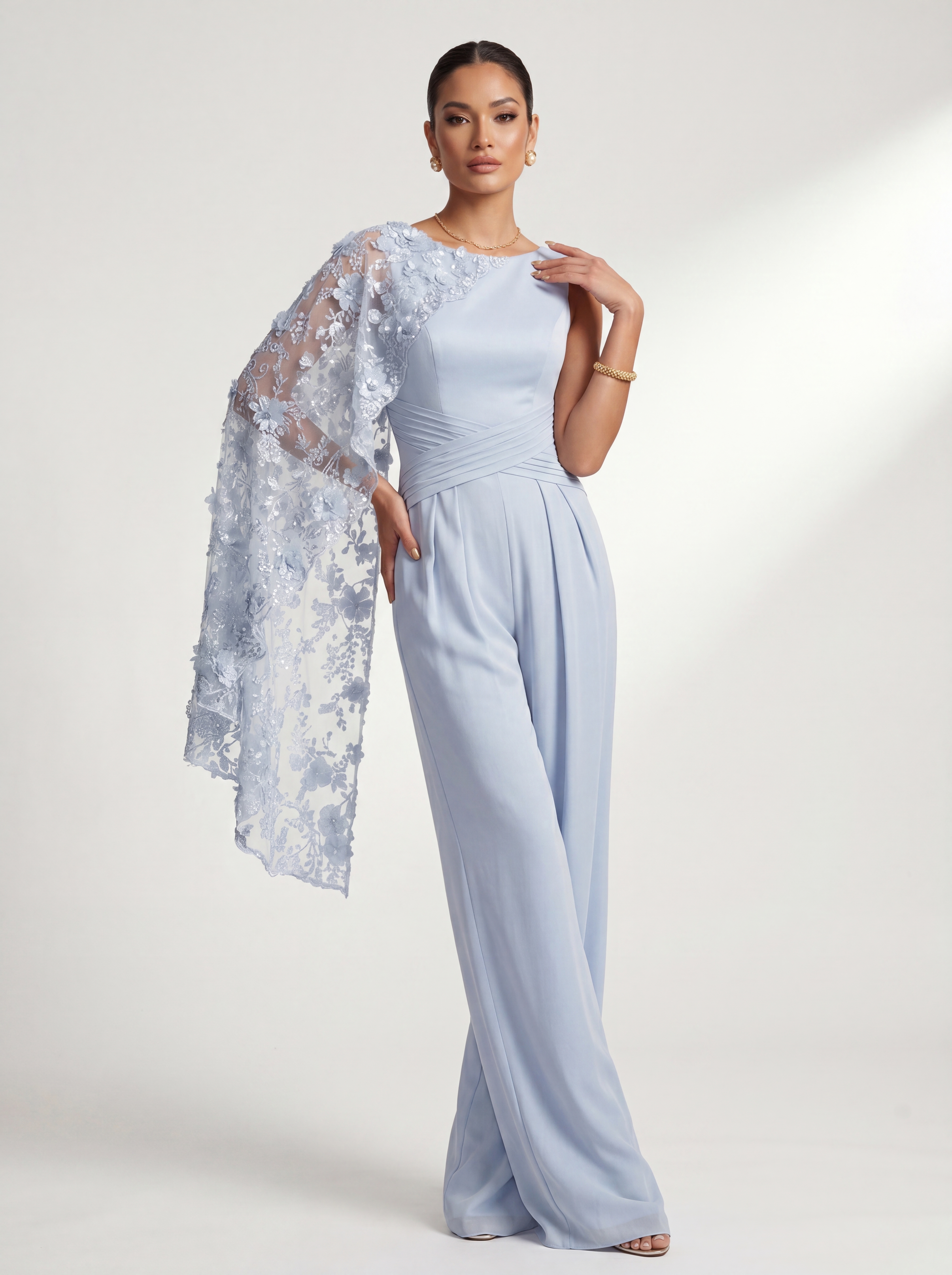 Sky Blue Floral Cape Formal Pantsuit - Boat Neck Wide Leg Mother of the Bride Jumpsuit with Ruched Waist & Pockets