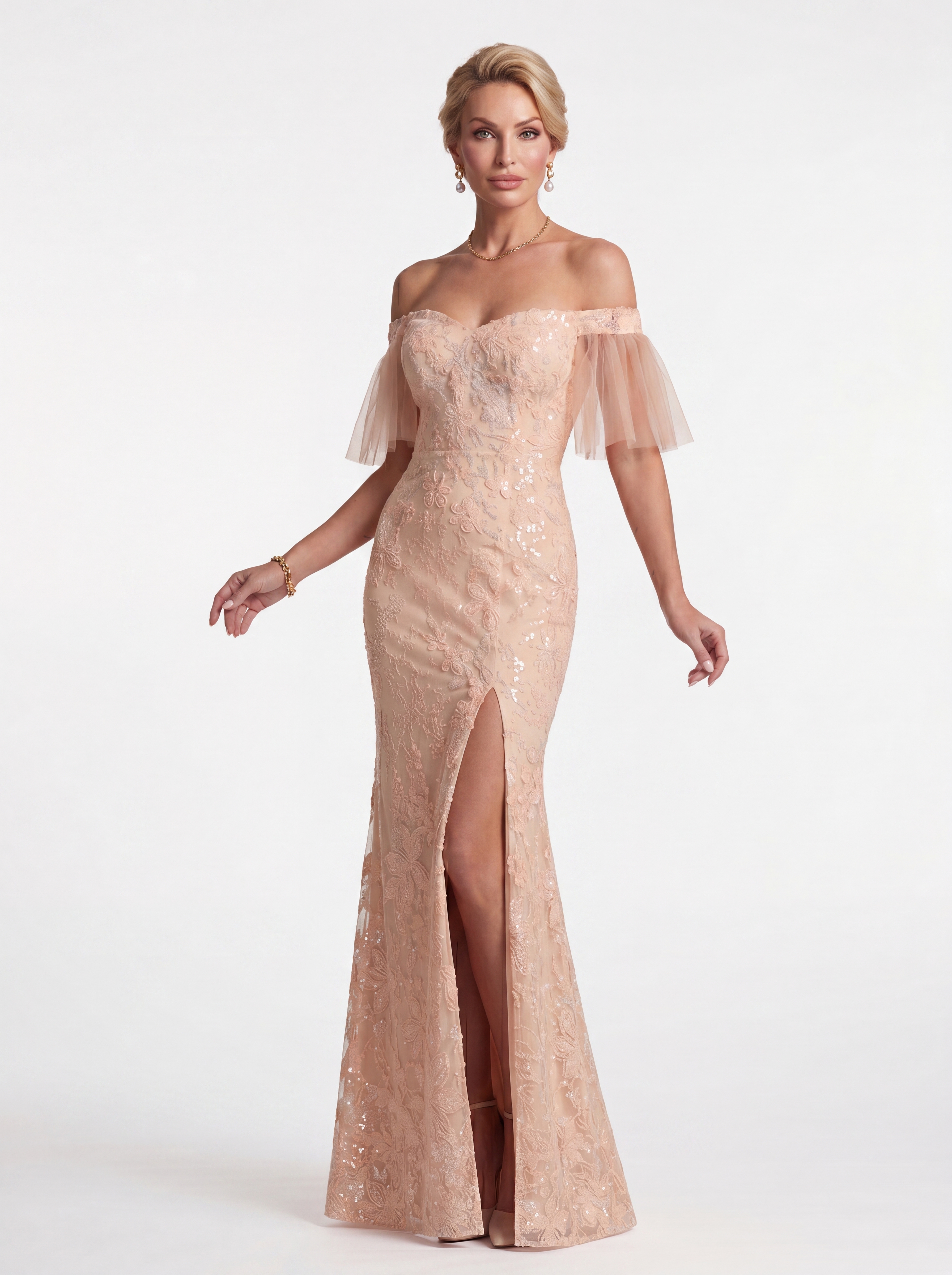 Sparkly Peach Floral Lace Mermaid Evening Gown - Off-The-Shoulder Flutter Sleeve Prom & Mother of the Bride Dress